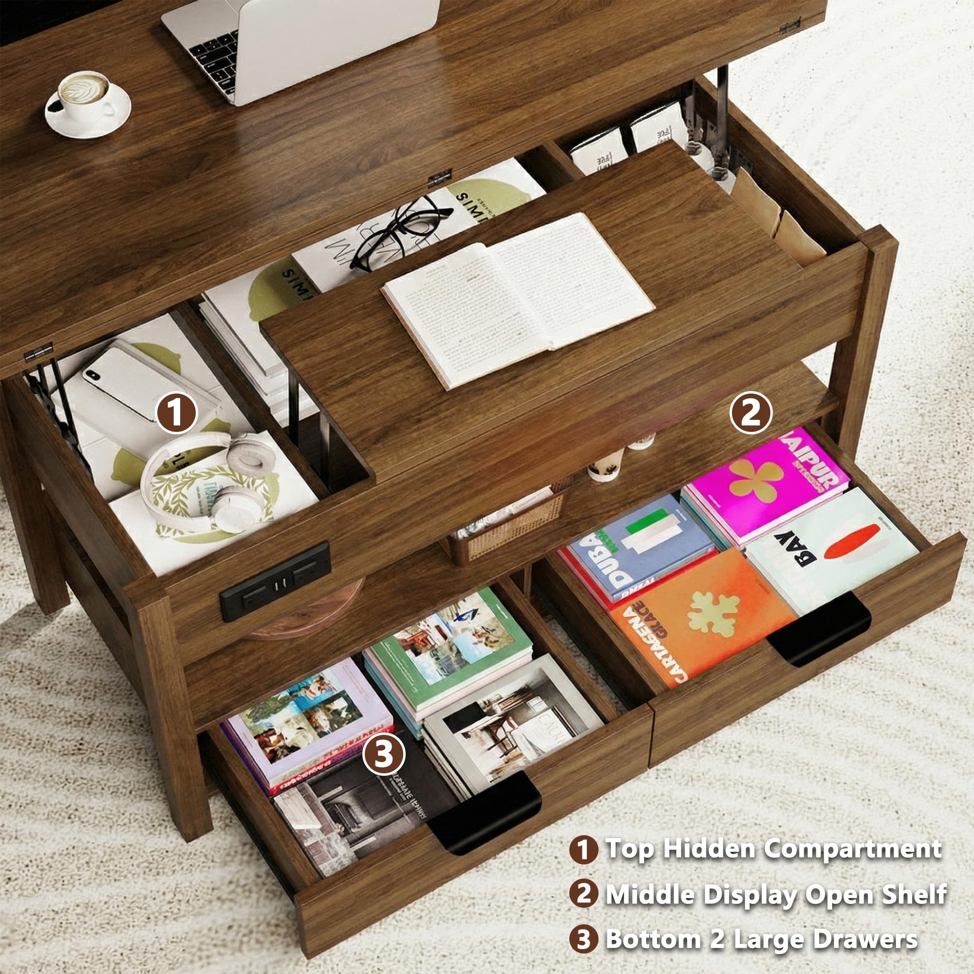 Cakhdry 40" Lift Top Coffee Table, Smart Coffee Tables with Power Outlets & LED Lights, Modern Center Table Converts to Dining Table with Lifting Top and Storage for Living Room, Walnut