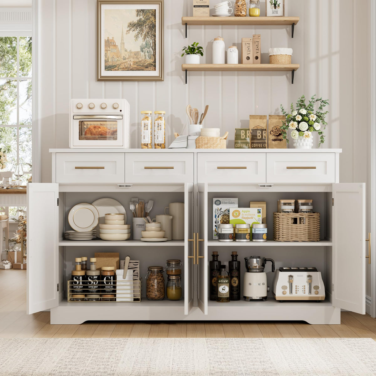 HOSTACK 60" W Sideboard Buffet Cabinet with Storage, Kitchen Cabinet, White