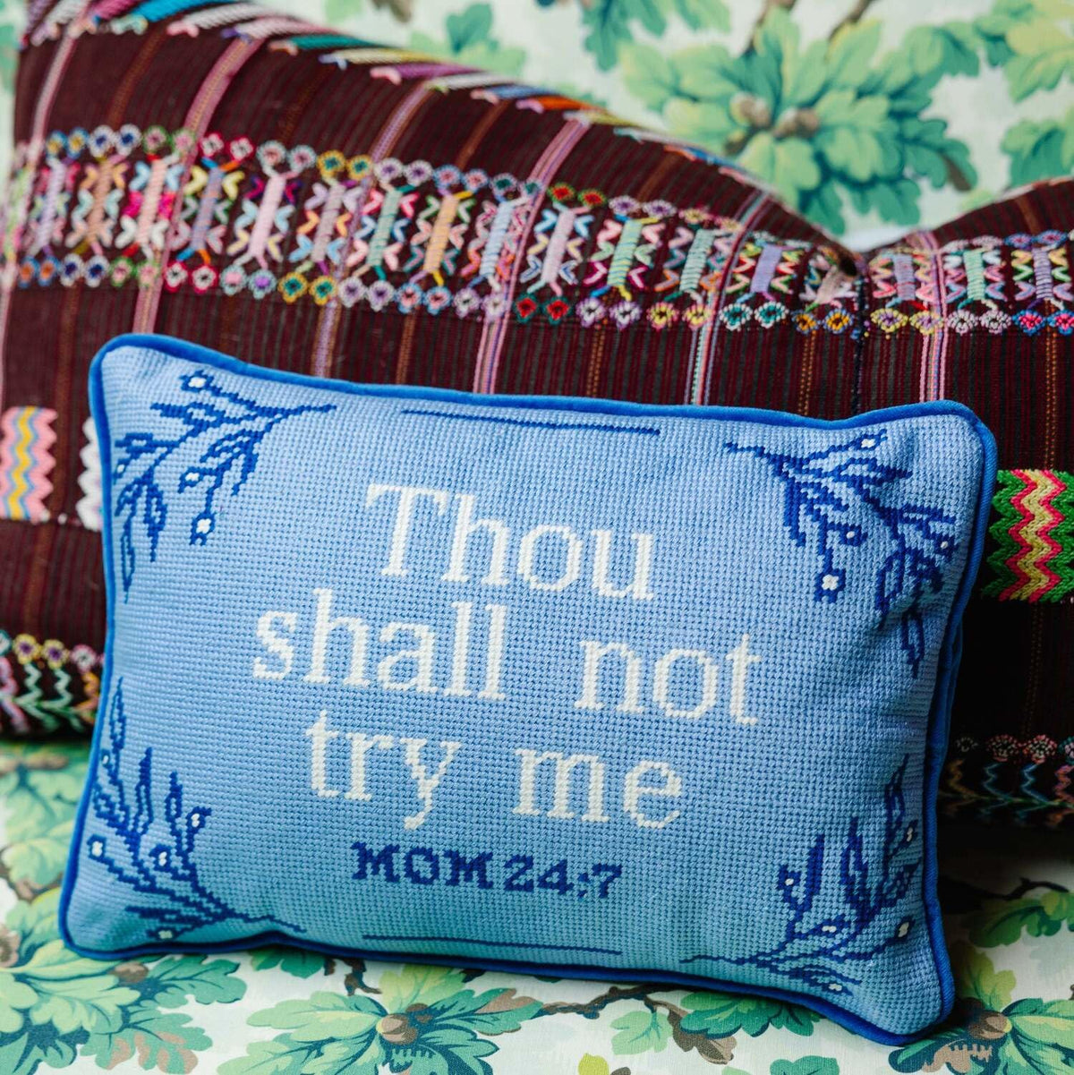 FURBISH Needlepoint Decorative Throw Pillow - Try Me - 10” x 14” - Small Embroidered Accent Pillow for Bed, Chair, Couch, Sofa - Eclectic Room Decor