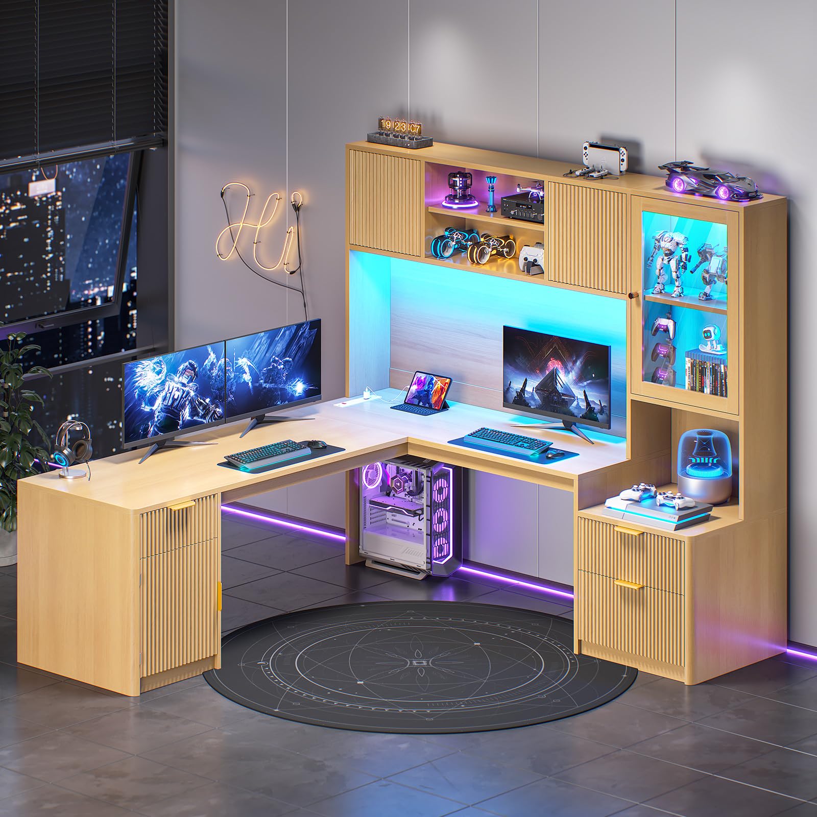 SEDETA 67" x 65" L Shaped Desk with Hutch, RGB LED Corner Computer Desk with Power Outlets, Fluted Home Office Desk with File Drawer, Storage Cabinet & Glass Display Cabinet for Gaming & Working, Oak