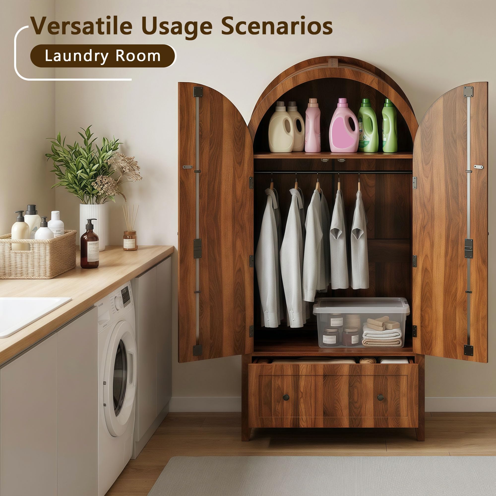 Freestanding Armoire Wardrobe with Arched Doors & Drawer