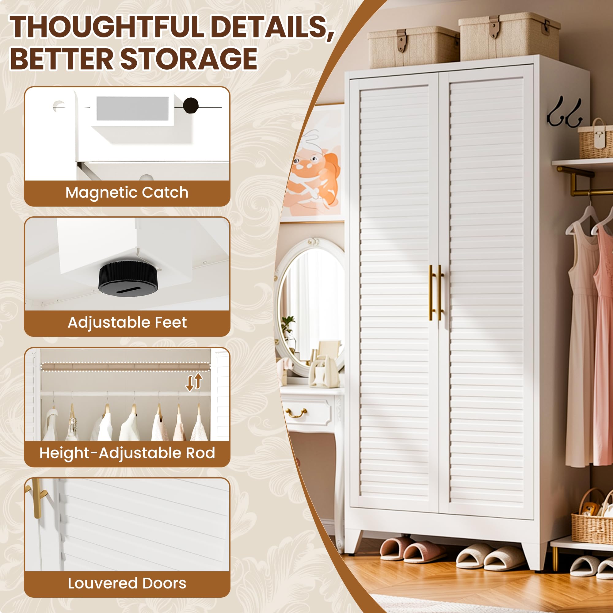 Metal Armoire Wardrobe Closet, 71" Clothing Storage Cabinets with Adjustable Hanging Rod, Louvered Doors, 2 Side Hooks & 2 Adjustable Shelves - Closet Cabinet for Bedroom, Laundry Room, Cloak Room