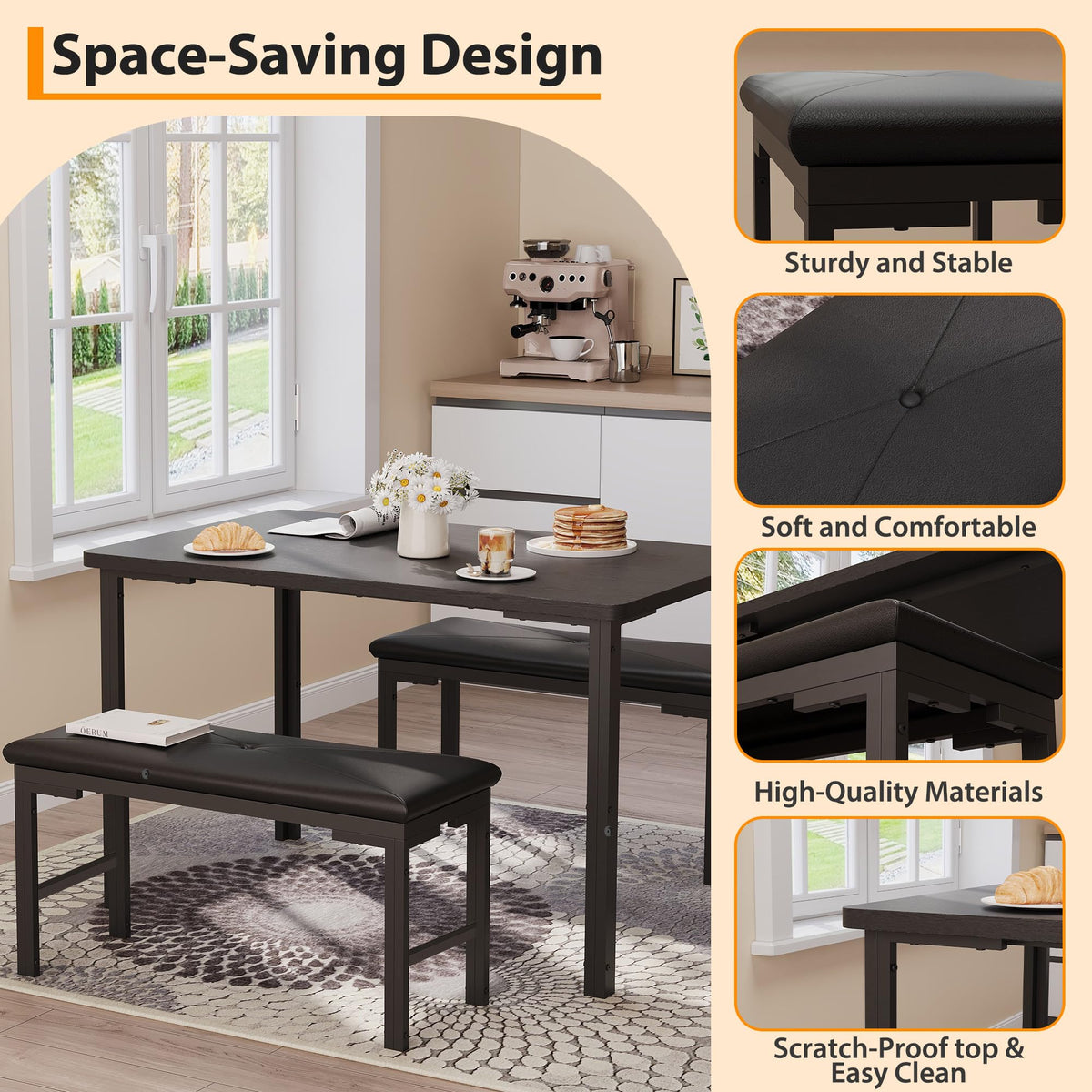 Garvee 3-Piece Dining Table, Small Kitchen Table with 2 Upholstered Benches