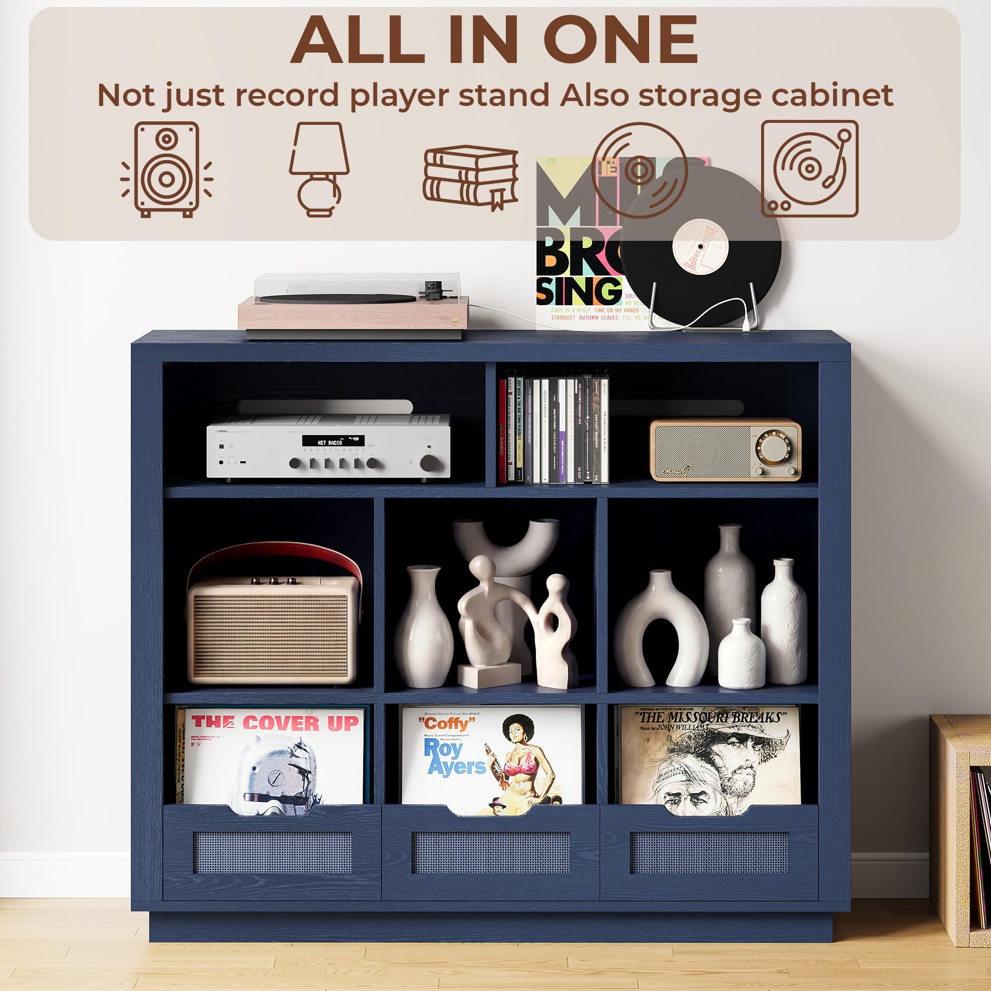 3-Tier Record Player Stand with Charging Station