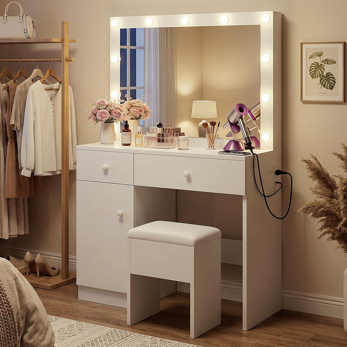 Makeup Vanity with Lighted Mirror and Chair