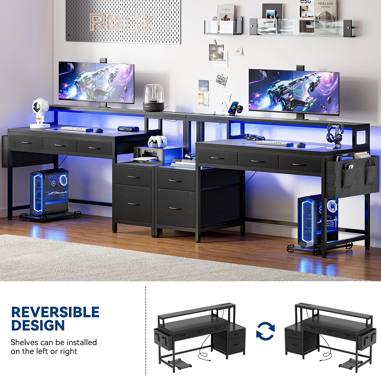 61" Gaming & Computer Desk with LED Lights, Charging Station & Monitor Stand
