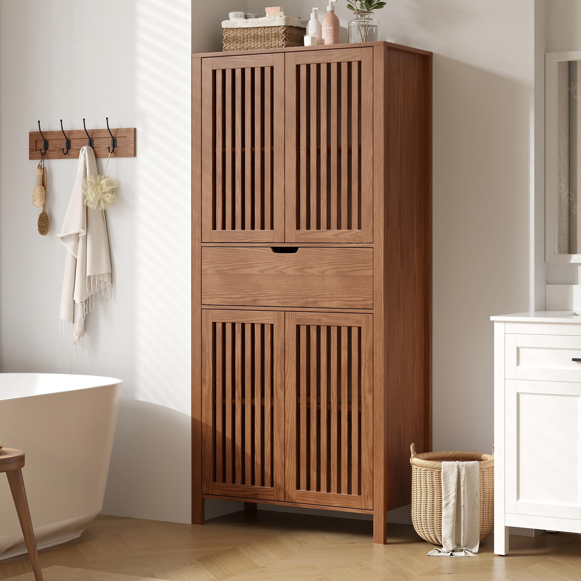 BVIUNTWO 69" Tall Farmhouse Storage Cabinet with Drawer & Adjustable Shelves, Grille Door Organizer Unit, Anti-Tip Design for Bathroom, Kitchen, Living Room, Rustic Brown