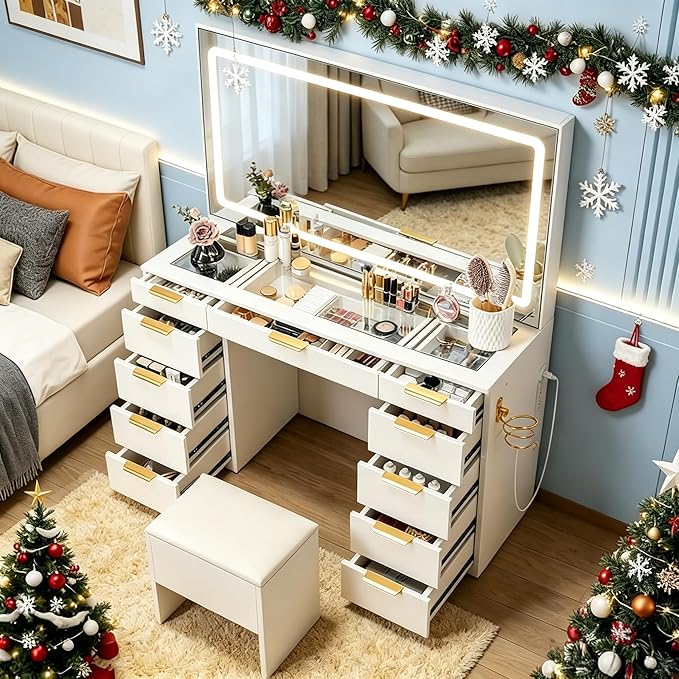 Makeup Vanity with LED Mirror, 11 Drawers & Stool