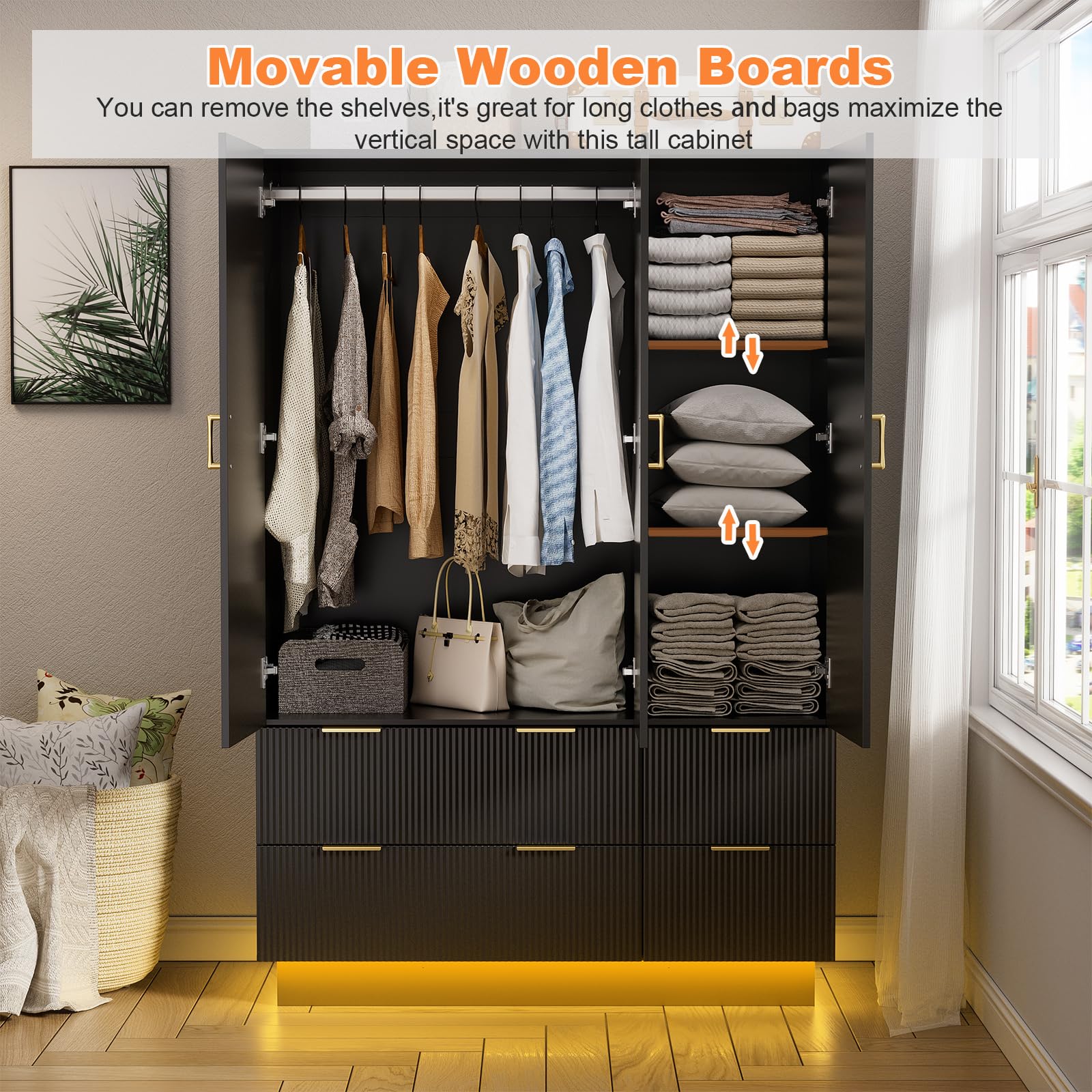 PAKASEPT Large Wardrobe Closet, Armoire Closet with Door and Mirror, LED Lights, Hanging Rod, Drawers, Armoires and Wardrobes for Bedroom (Black)