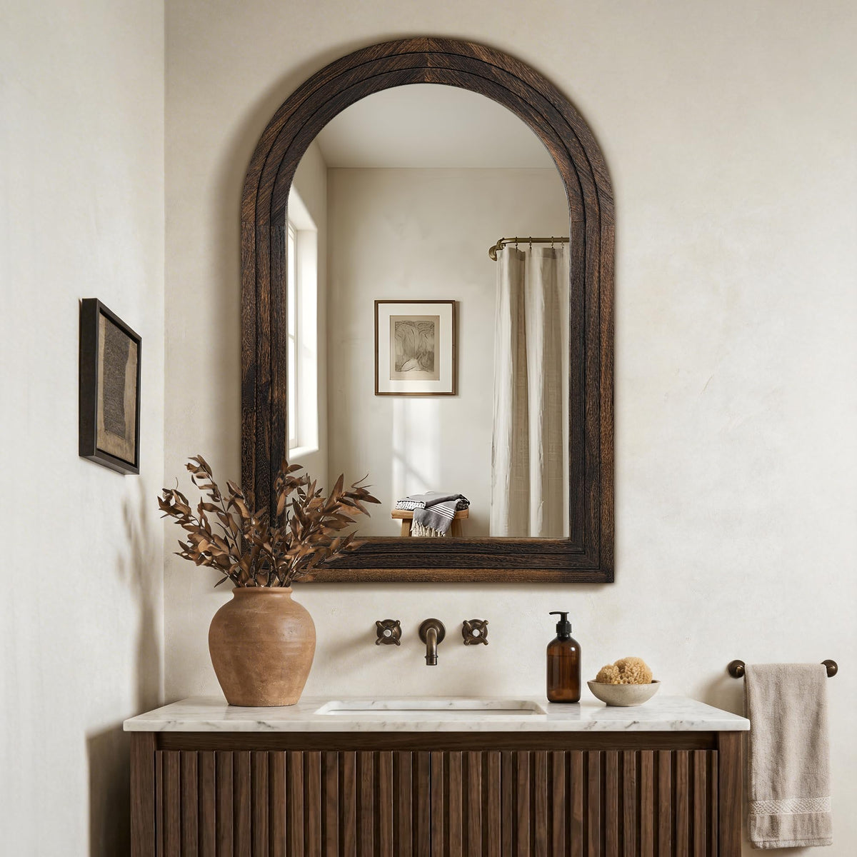 Arched Brown Wood Wall Mirror