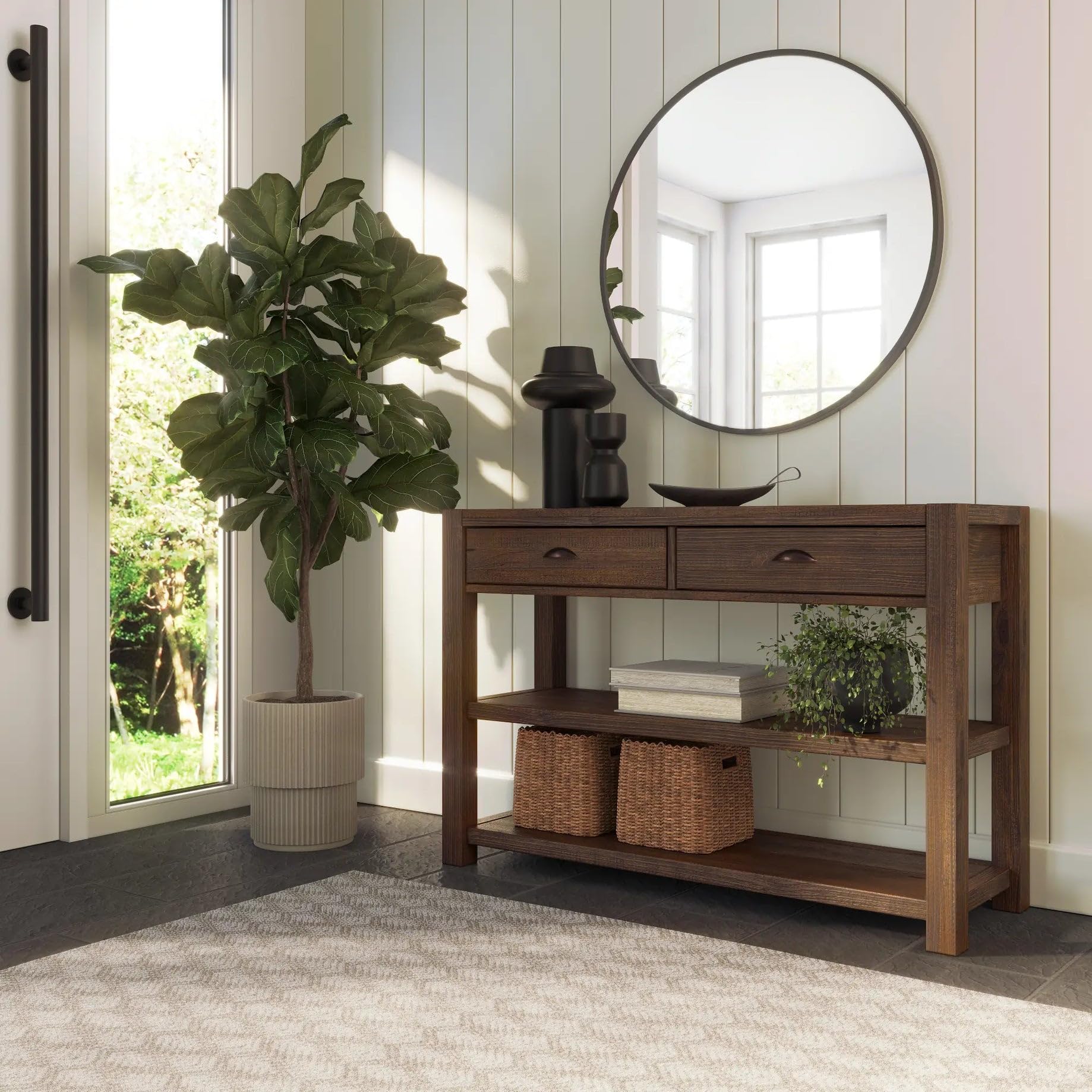 Solid Wood Console Table with Drawers & Shelves
