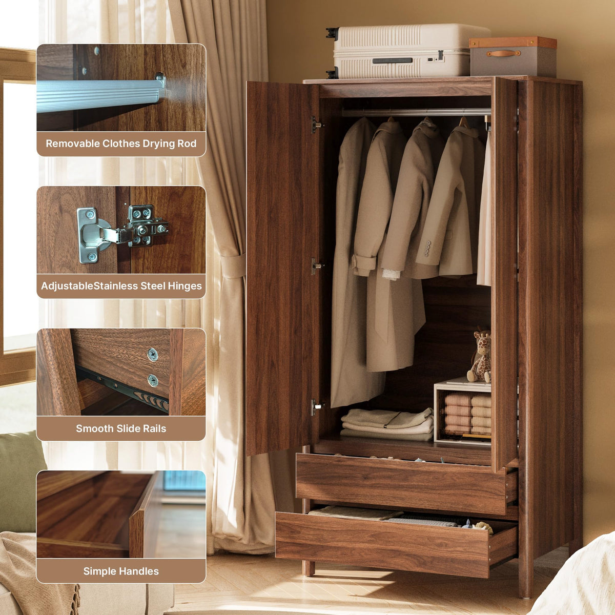 Walnut Wardrobe with 2 Drawers