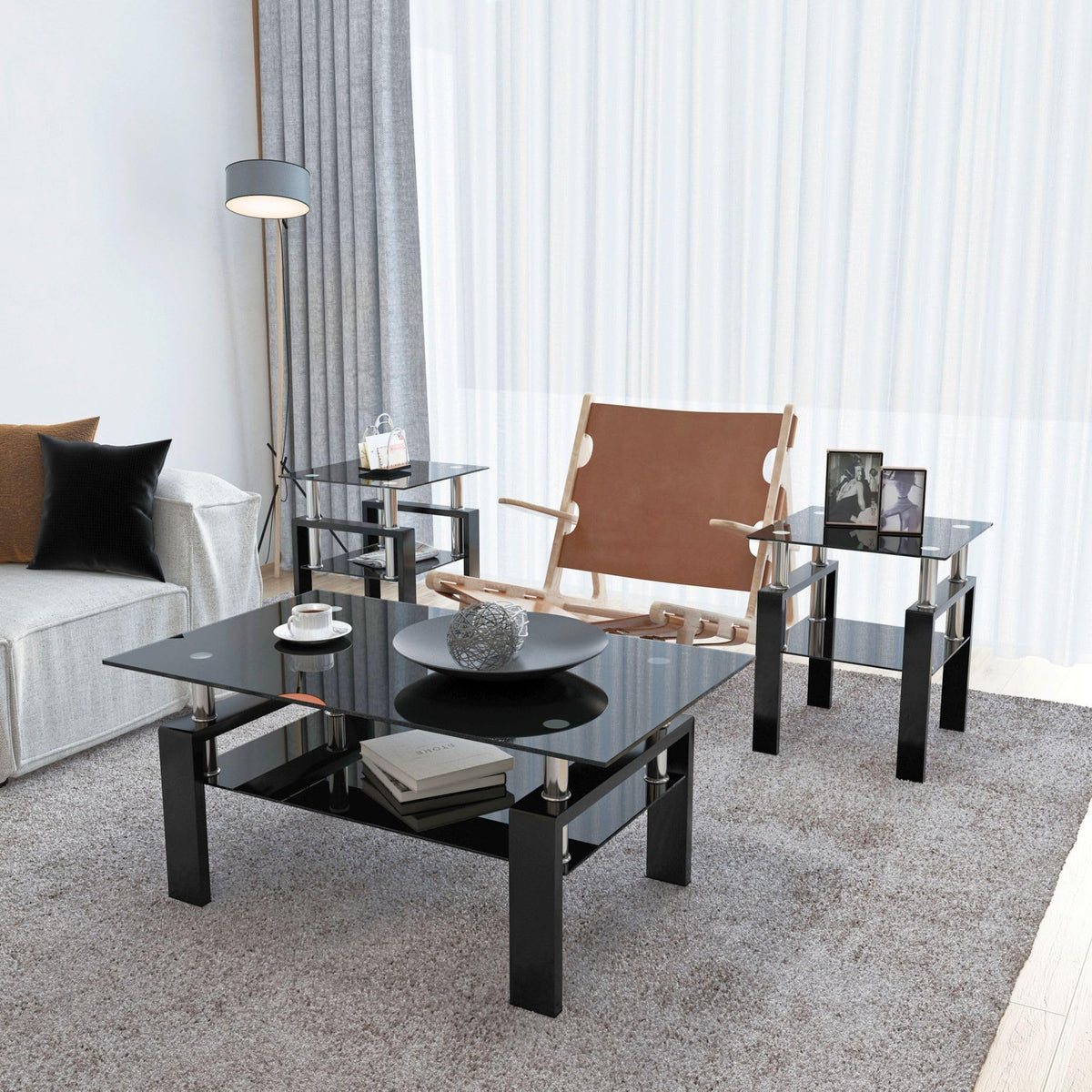 IANIYA Modern Tempered Glass Coffee Table Set - 3 Piece Living Room Table Set - Coffee Table and End Table Set of 3 for Living Room, Office, Apartment, Small Space, Black