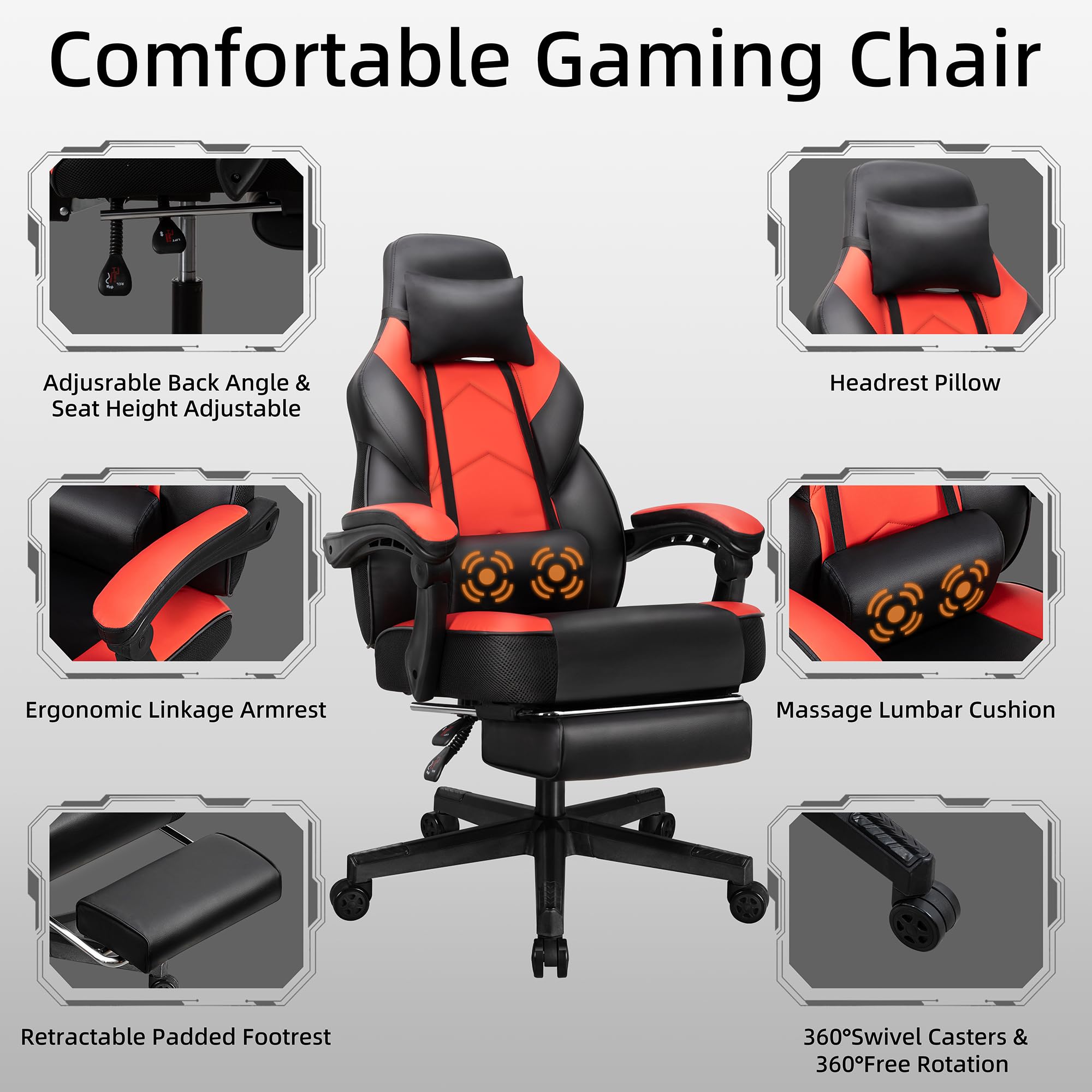 Ergonomic Gaming Chair with Footrest & Massage Lumbar Support