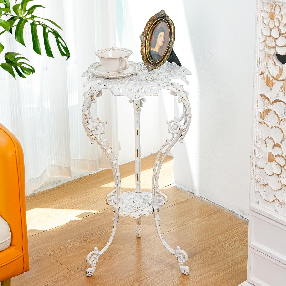 Sungmor Cast Iron Plant Stand, Victorian Fern, Rustic White, Outdoor Indoor