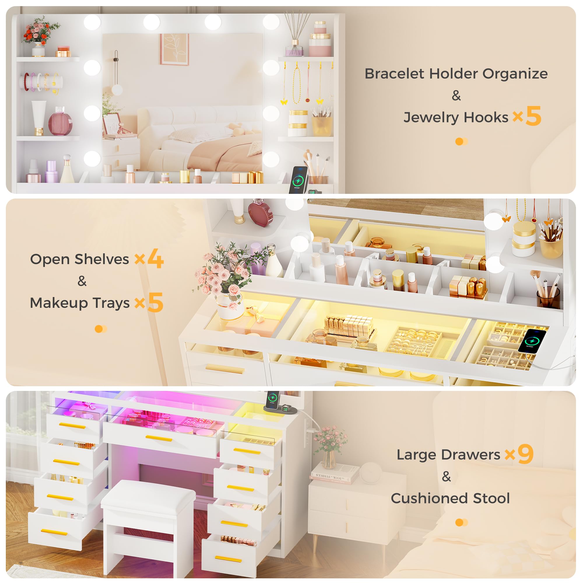ANWBROAD Vanity Desk with Mirror and Lights 3 Colors Large Makeup Vanity Table Set Transparent Glass Top with 9 RGB Drawers, 4 Shelves Vanity Desk with Stool Power Outlet White Bedroom Women UBDT94W