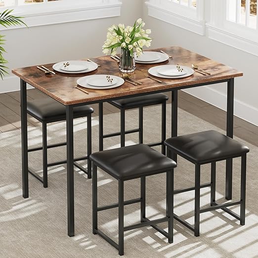 5-Piece Faux Marble Dining Table Set with 4 PU Stools