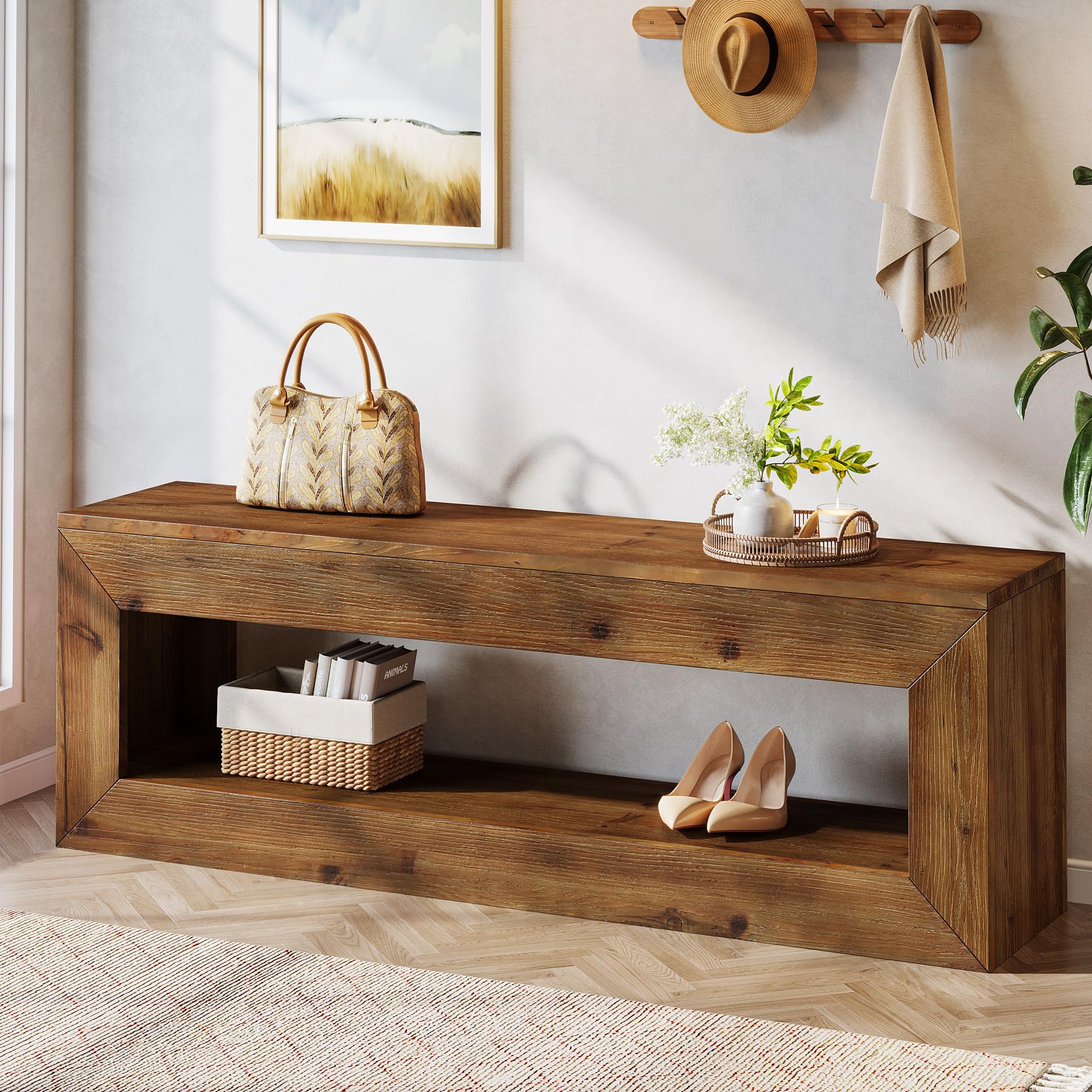 TRIBEWOOD Solid Wood Entryway Bench, 47" Rustic Farmhouse Indoor Bench Seat with Storage Shelf for Entrance, Hallway, End of Bed