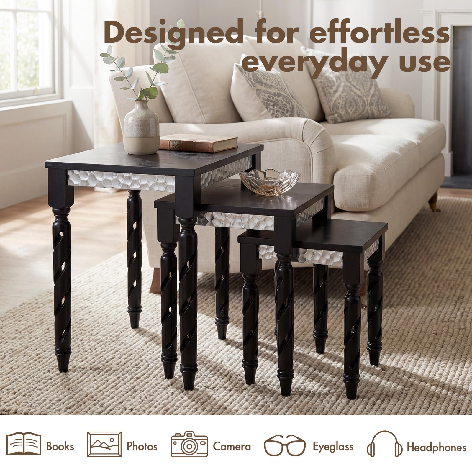 3-Piece Nesting Side Tables Set, Mid-Century Modern