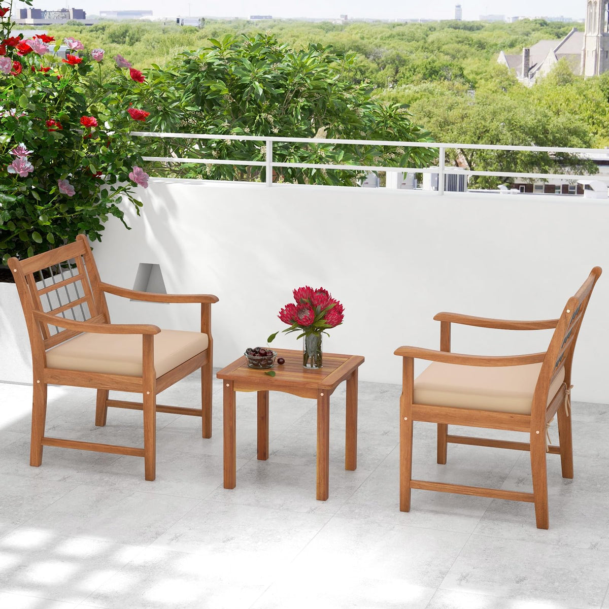 Tangkula 3 Piece Wood Patio Furniture Set, Outdoor Bistro Set w/Soft Seat Cushions, Solid Acacia Wood Frame, 2 Armchairs & Coffee Table Set for Backyard, Porch, Poolside (Off White)