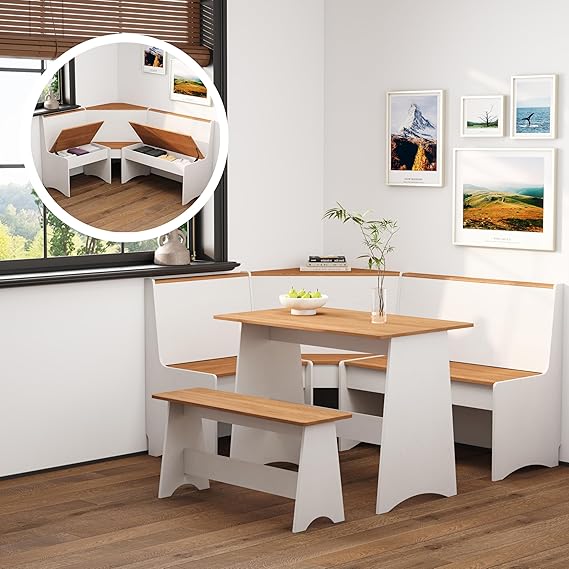 L-Shaped Breakfast Nook Table Set with Corner Bench & Storage