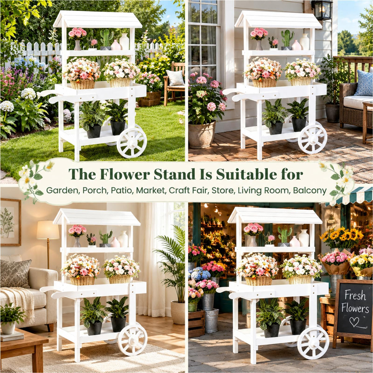 RUFXIEZW 49IN Flower Cart Display Stand, Wheels, Farm Stand Outdoor, White