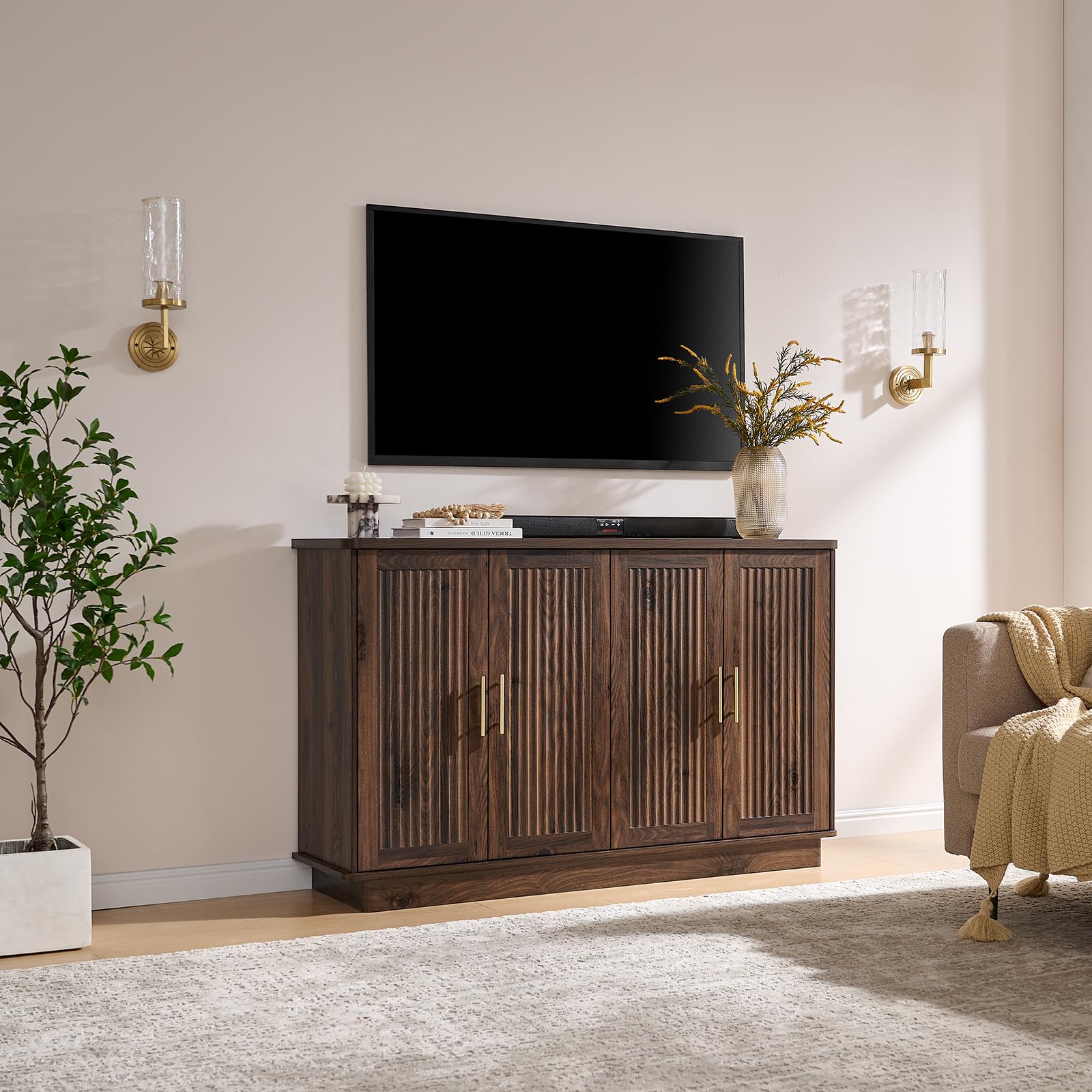 Modern Fluted Sideboard Buffet Cabinet with 4 Doors & Adjustable Shelves