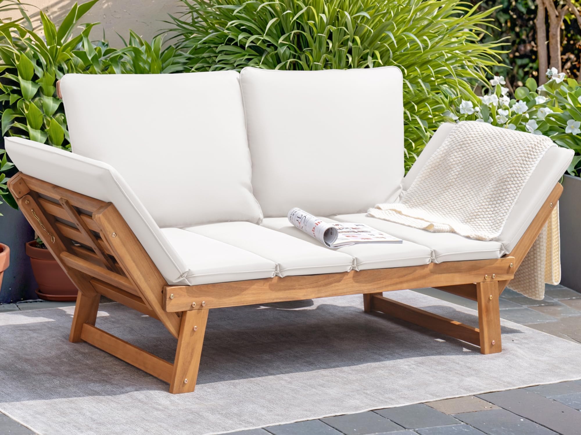 Acacia Wood Outdoor Convertible Sofa with Adjustable Backrest & Cushions