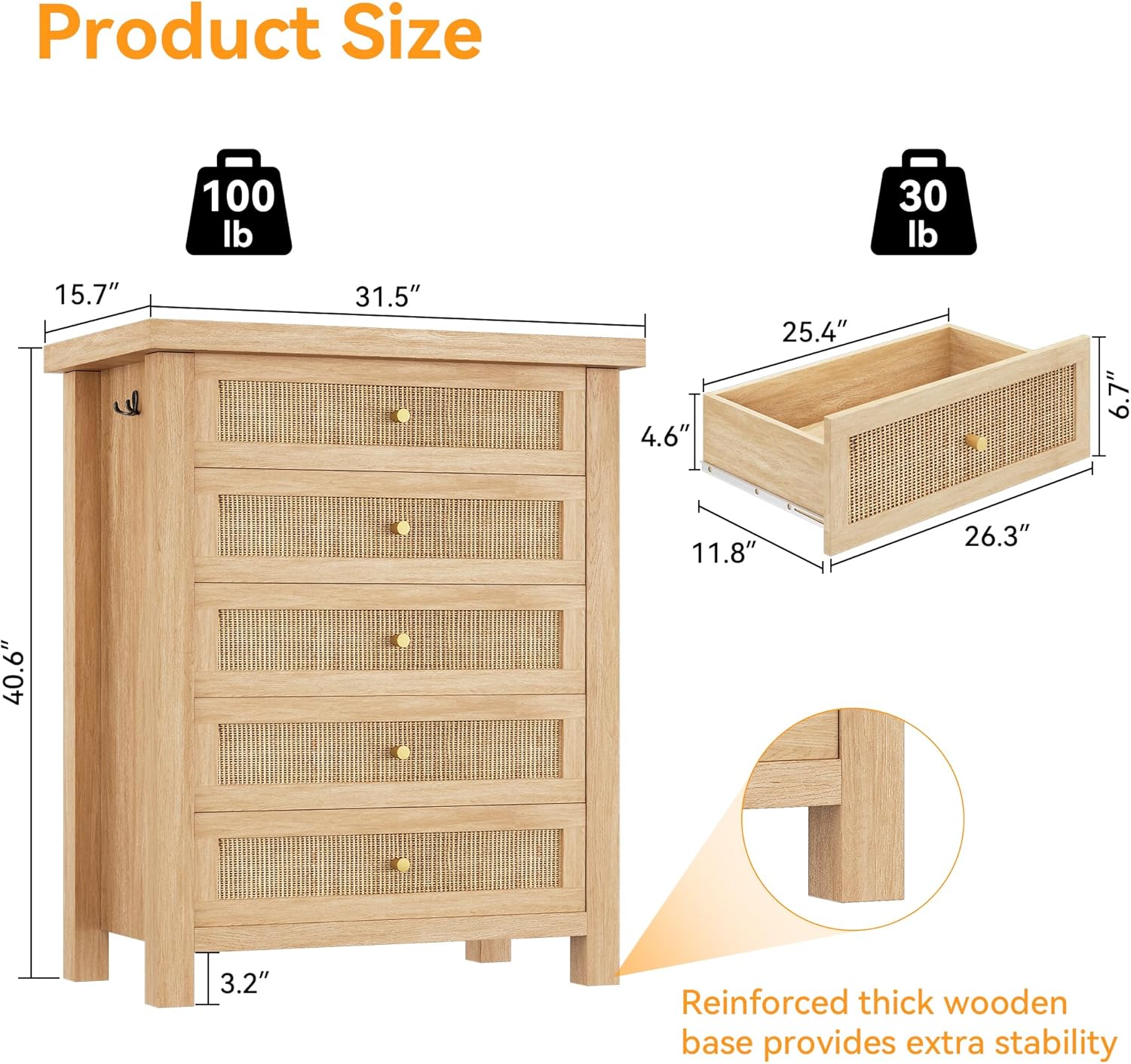 5-Drawer Rattan Boho Dresser