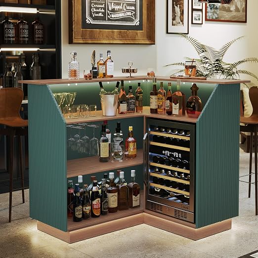 L-Shaped Home Bar Cabinet with LED Lights & Wine Rack