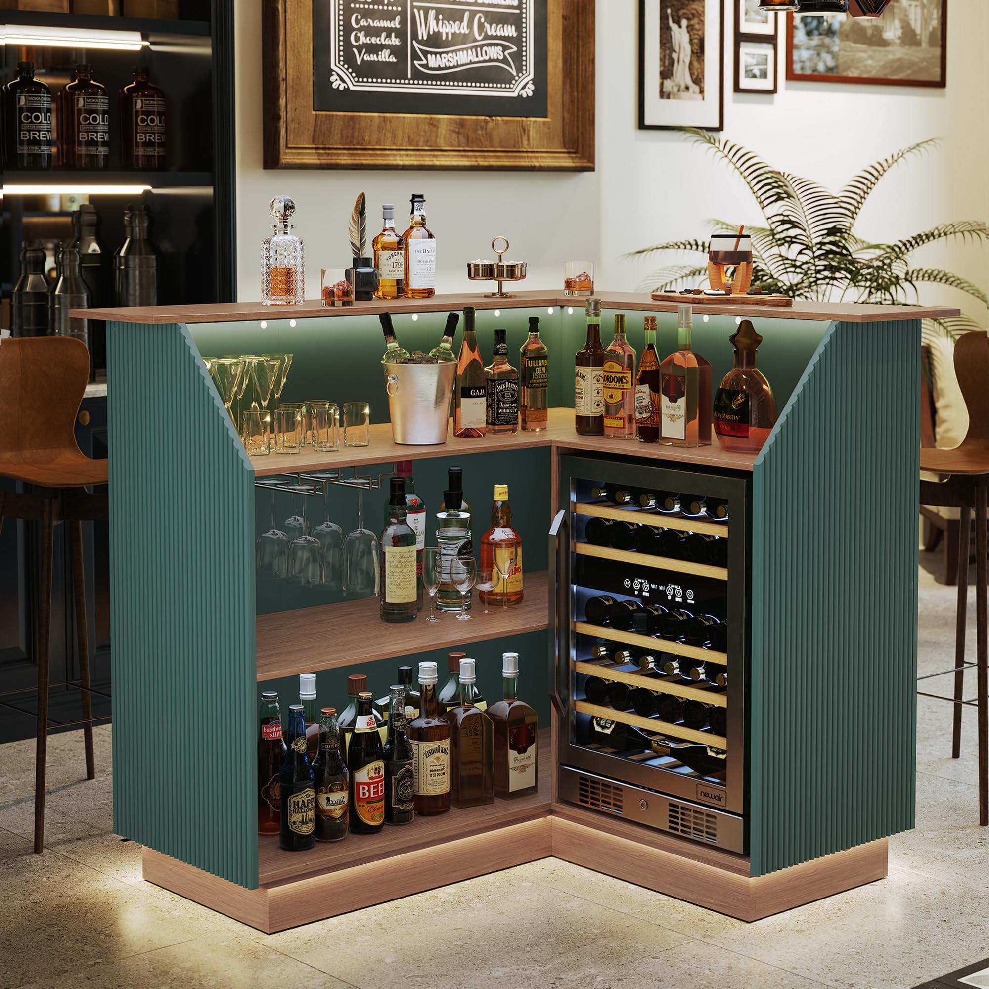 ARTPOWER L Shaped Home Bar Cabinet with Fridge Space, Oversized Modern Basement Coffee Bar Table with LED Strip, Fluted 4-Tier Corner Wine Cabinet with Stemware Racks for Dining Living Room, Green