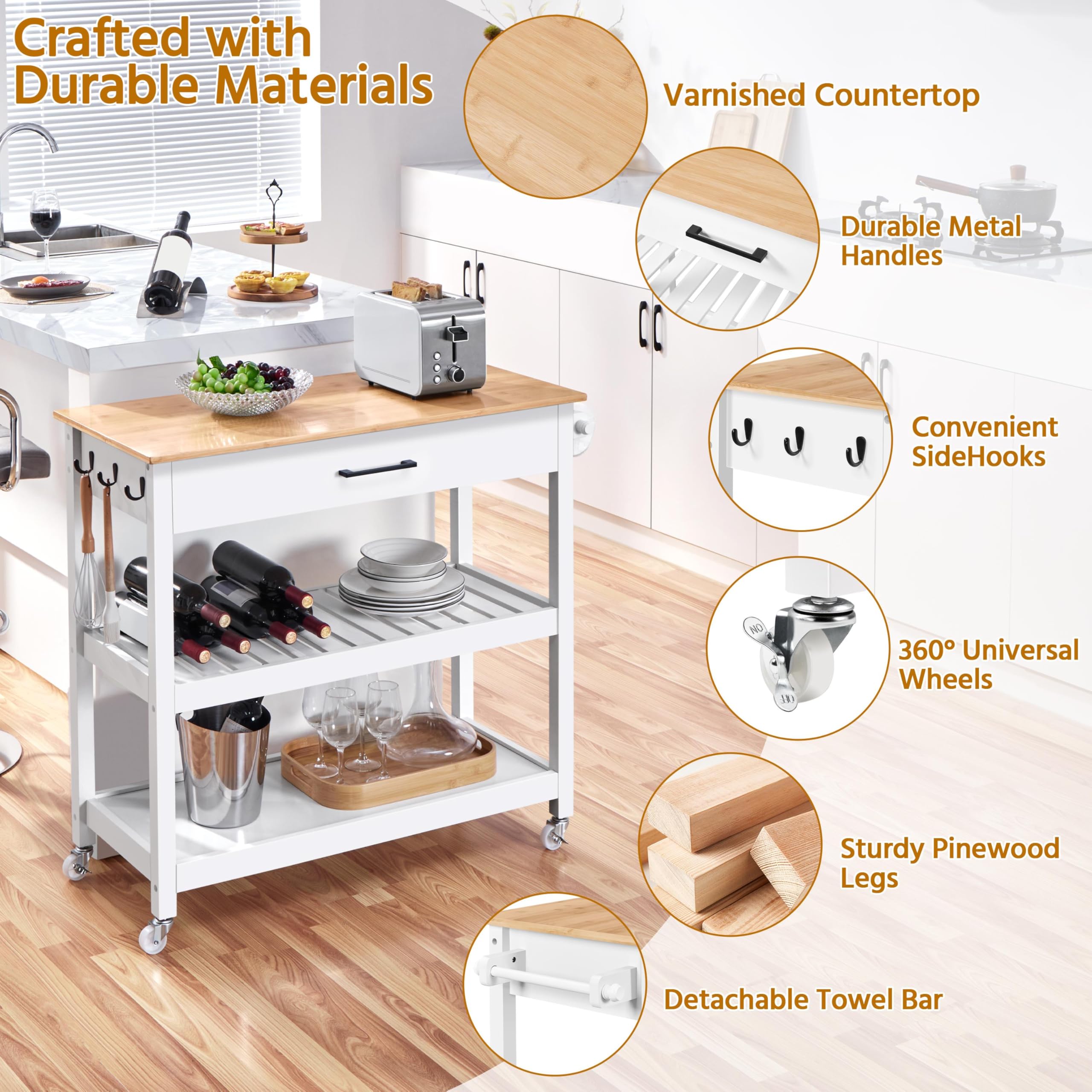 Kitchen Island Cart on Wheels with Drawer, Towel Bar & Hooks