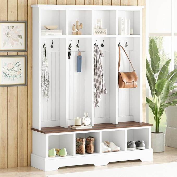 Farmhouse Hall Tree with Bench & Shoe Storage