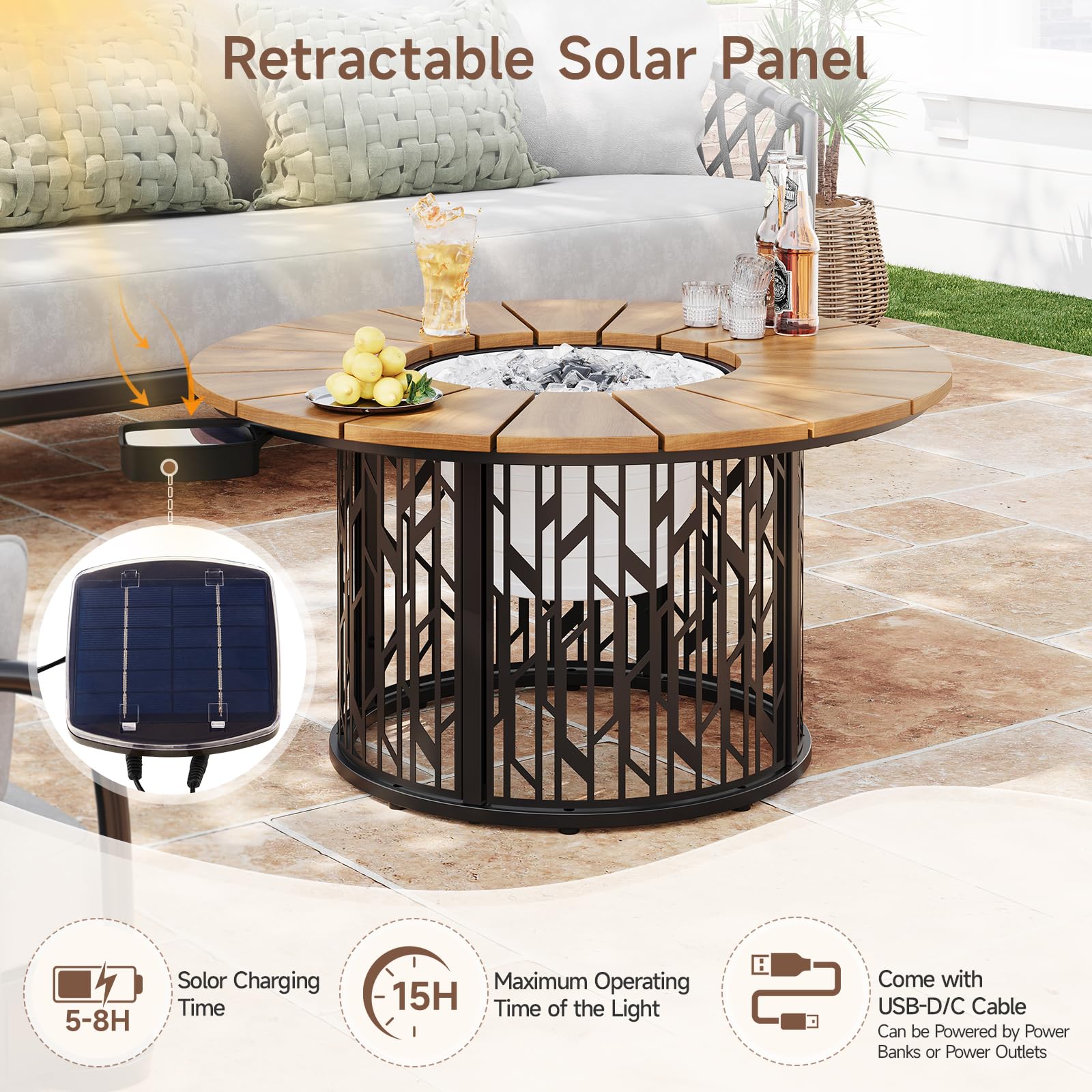 Solar Outdoor Coffee Table with Ice Bucket & LED Light