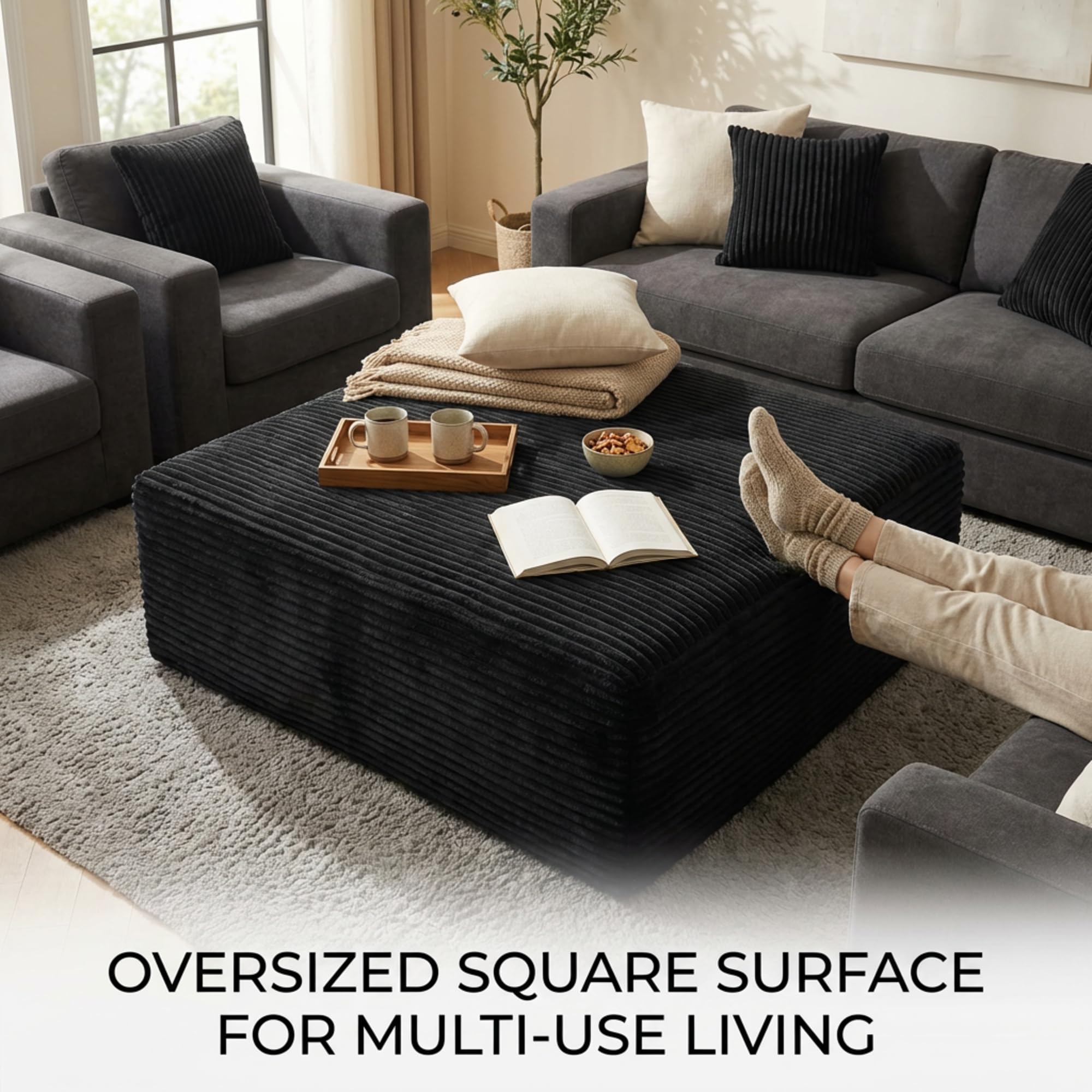 NMXUXMN Oversized Boneless Ottoman for Living Room – Plush Square Corduroy Upholstered Couch Ottoman, Modern Low-Profile Footrest for Sectional & Modular Sofa-Black