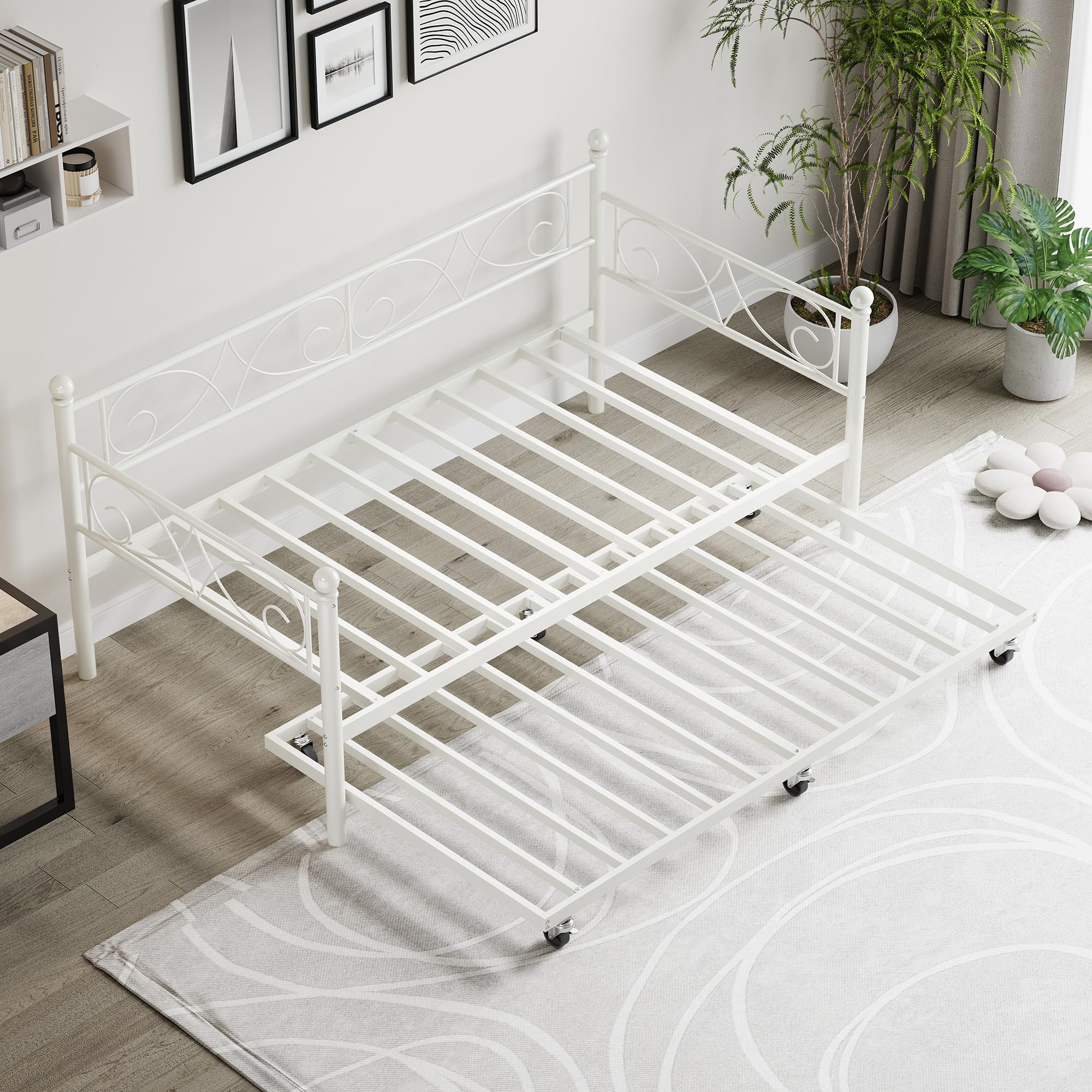 IDEALHOUSE Twin Daybed with Trundle, Metal Trundle Bed, Sofa Bed Frame, Heavy Duty Metal Slats, for Living Room, Bedroom, Guest Room, Space Saving, Modern White