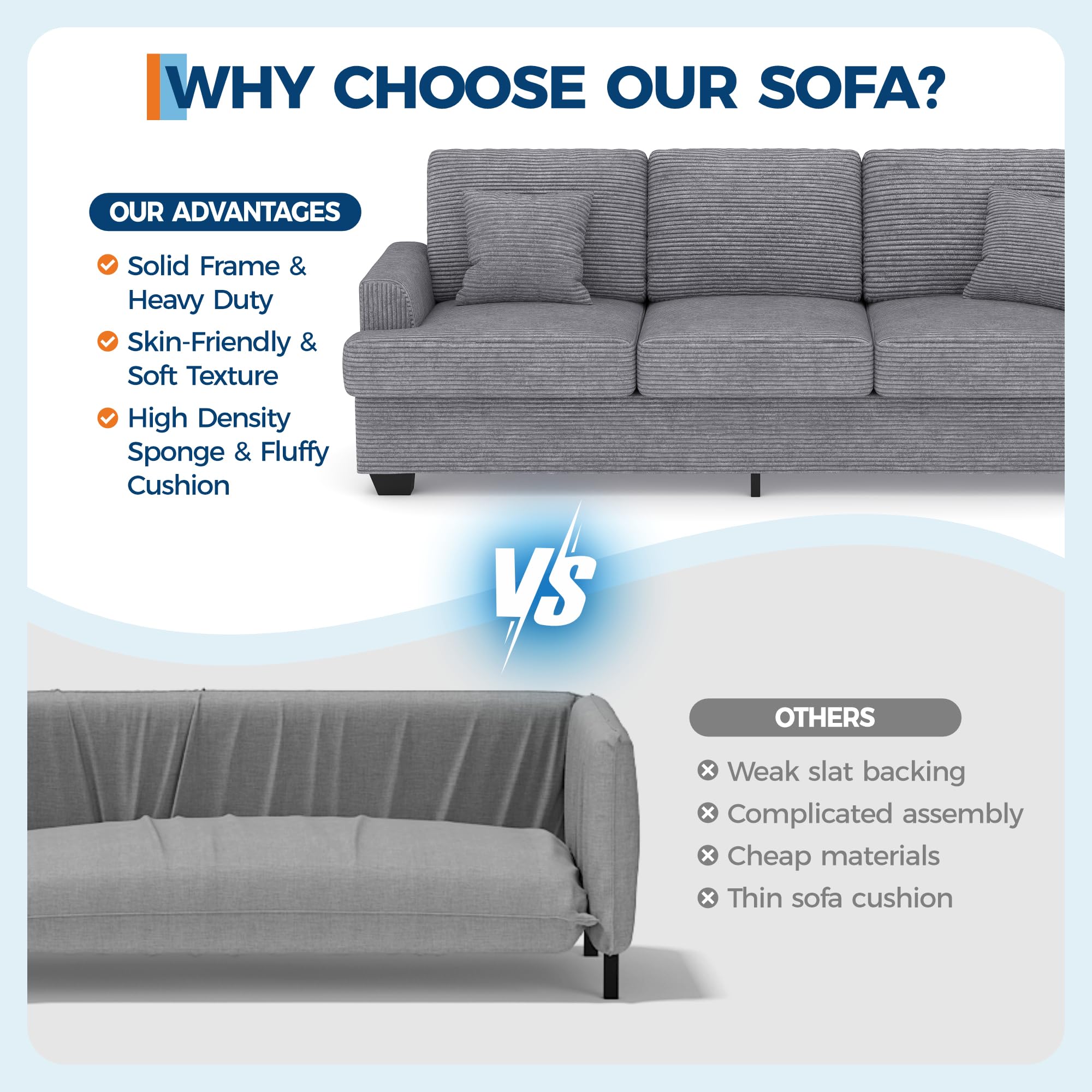 IDEALHOUSE 86" Corduroy Comfy Sofa, 3-Seater Sofa Couch with 2 Throw Pillows, Cloud Couch with deep Seats and 2 Removable Back Cushions, Modern Sofa for Living Room, Bedroom, Apartment, Office, Grey