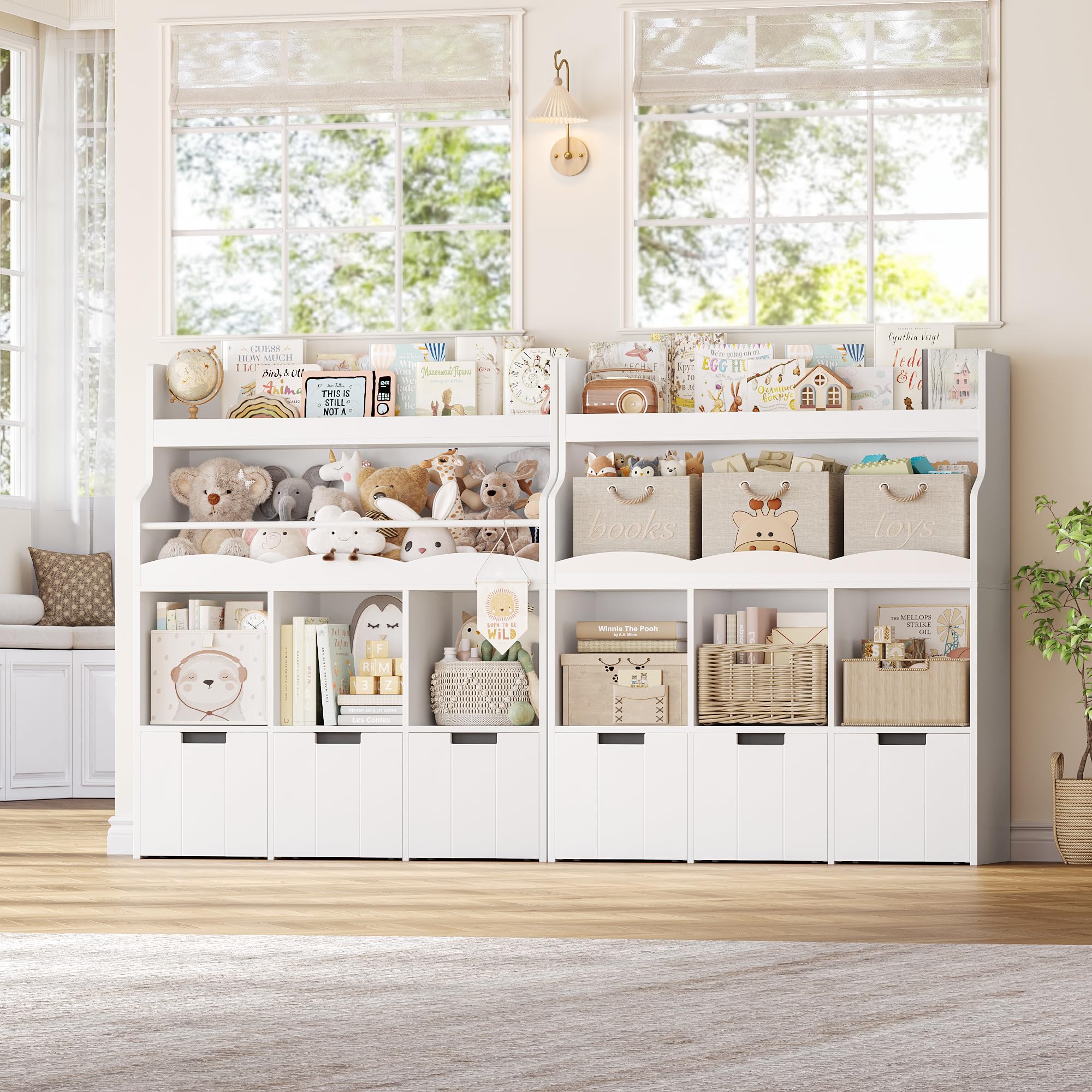 HITHOS Kids Toy Storage Organizer with Bookshelf, Multifunctional Book Shelf with 3 Movable Toy Organizers for Kids Room, Kids Bookcase and Toy Box, Toy Storage Chest for Playroom, White