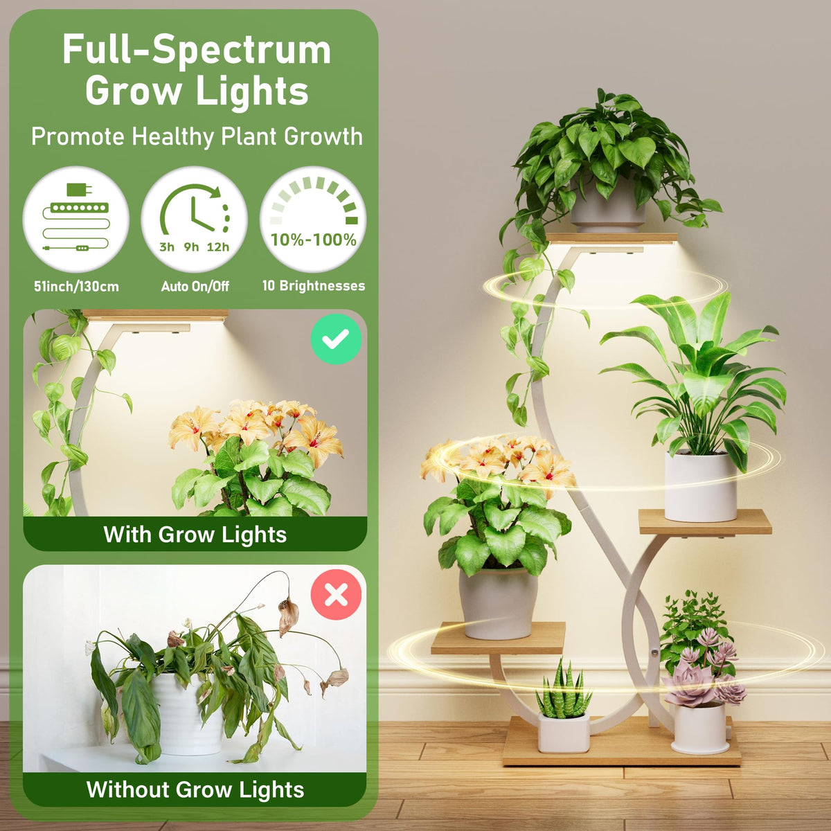 BACEKOLL Plant Stand with Grow Lights 4 Tier Metal Plant Shelf 32" White