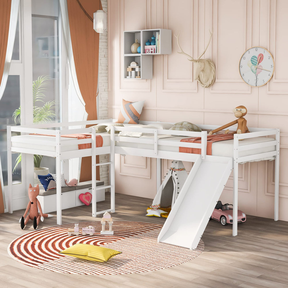 Twin L-Shaped Loft Bed with Slide