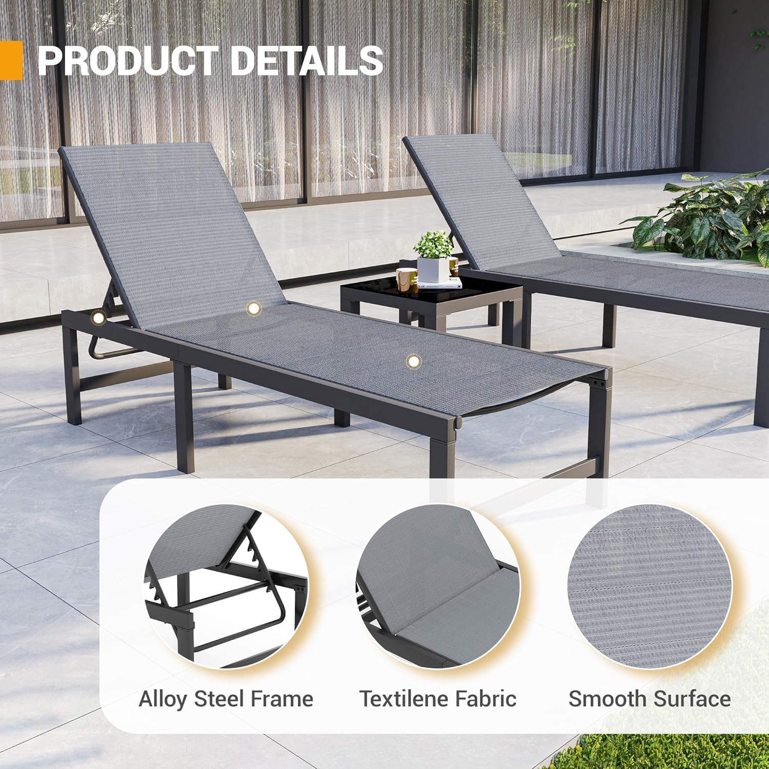 Outdoor Textilene Chaise Lounge Set with Side Table