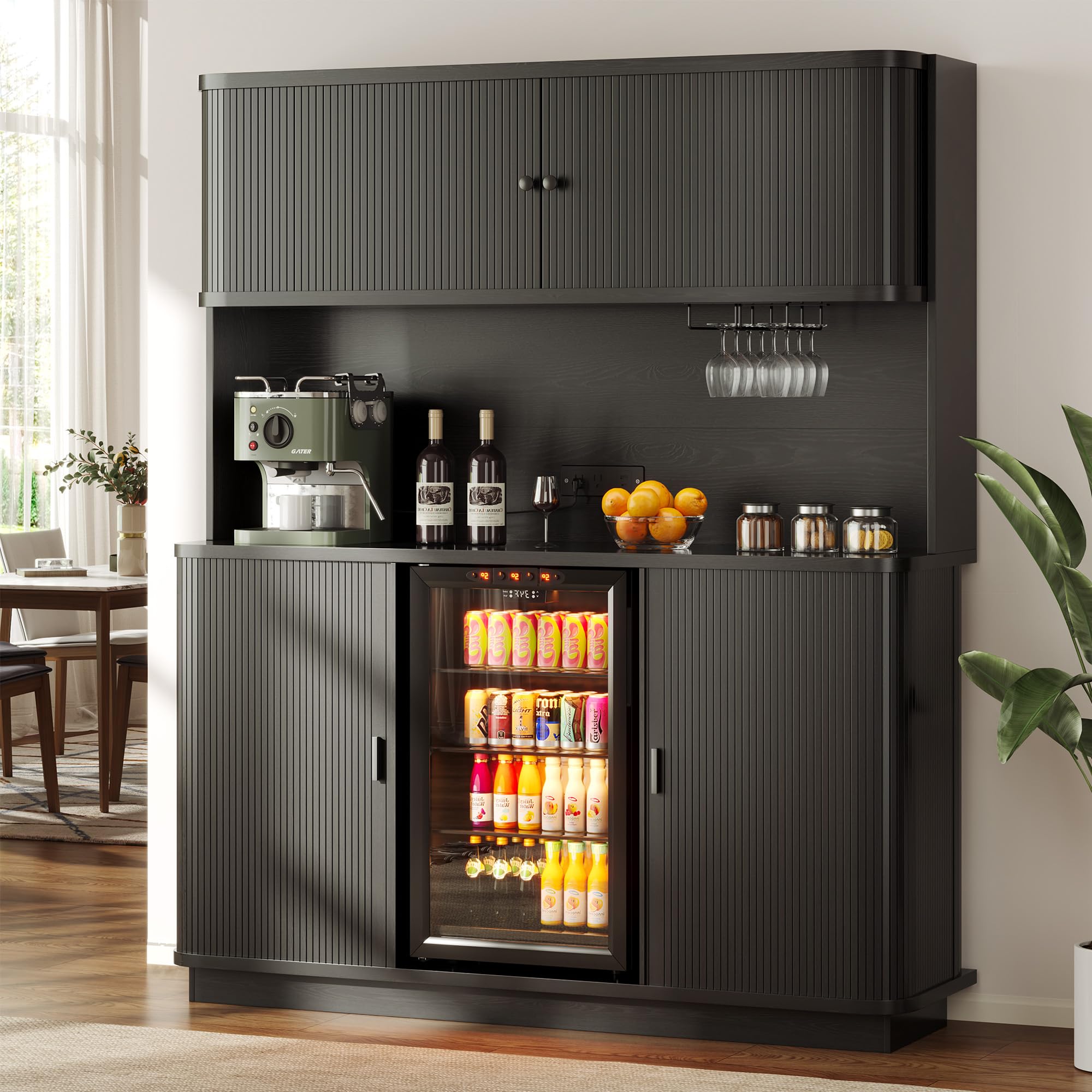 Godchoices 70.8" Kitchen Pantry with Fridge Space, Fluted Coffee Bar Cabinet with Mini Fridge Space, Power Outlet & Drawer, Tall Wine Bar Cabinet with Glass Holder,Wine Rack & Storage Hutch for Home