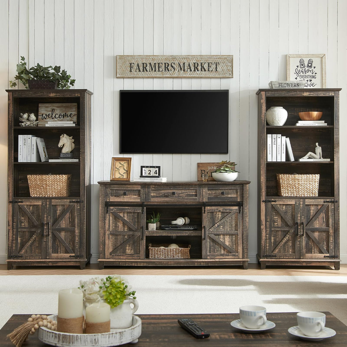 AMERLIFE Living Room Table Set of 3 with 59" TV Stand, Oak Black
