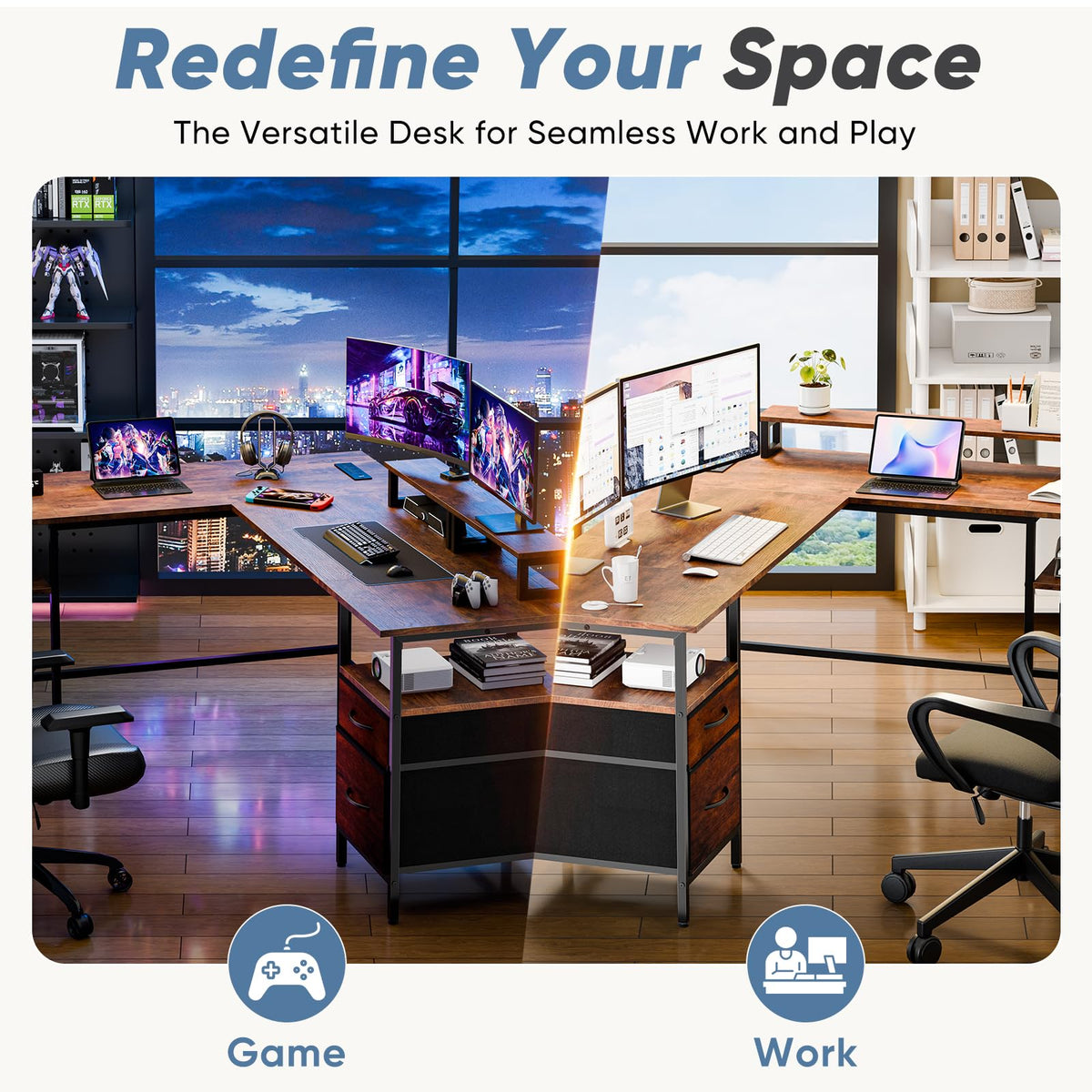 Reversible L-Shaped Desk with Power Outlets