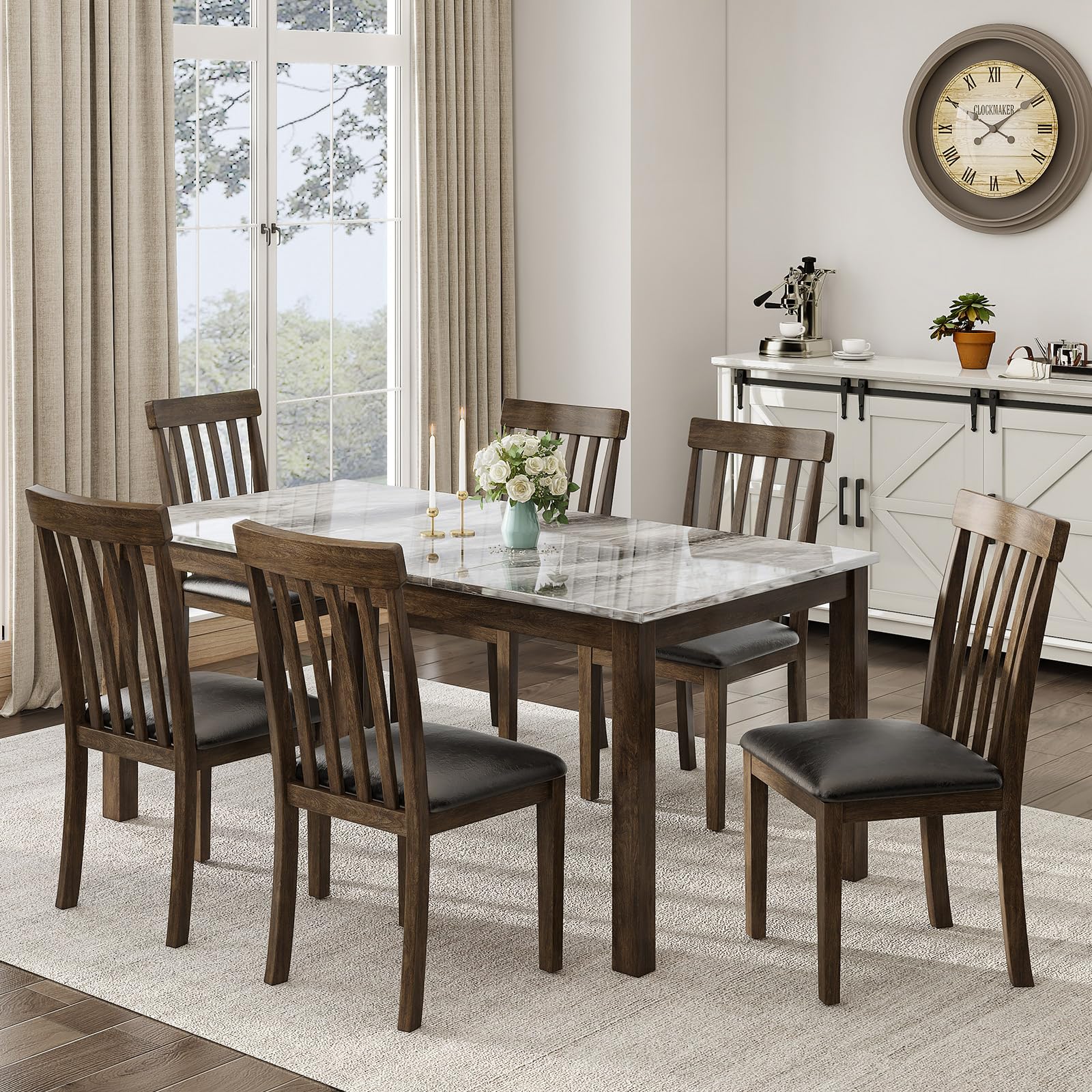 LUXOAK 7-Piece Solid Wood Dining Table Set, 71" Faux Marble Kitchen Table with 6 Chairs, Curved Backrests & PU Cushioned Seats, Perfect for Dining Room & Living Room