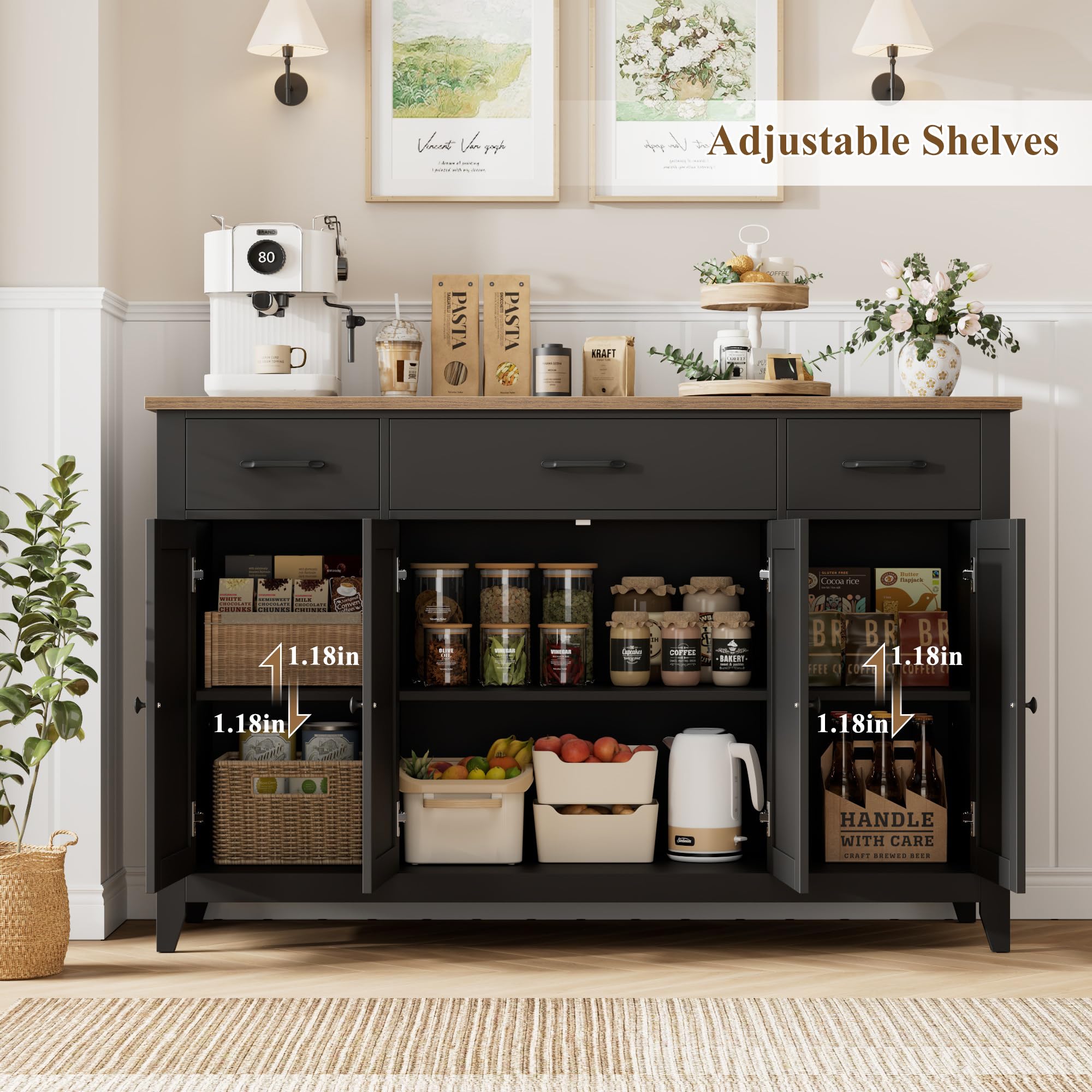 55" Buffet Cabinet with Drawers & Adjustable Shelves