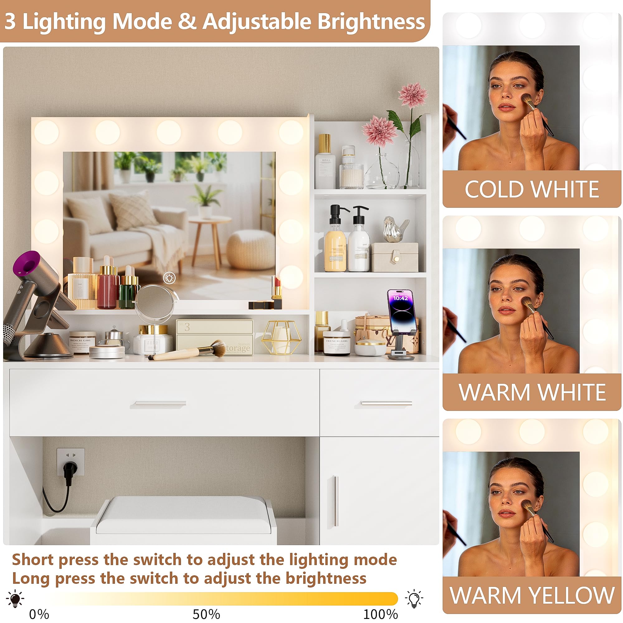 Trumbeak Vanity Desk with Mirror and LED Lights,Vanity Desk with 3 Drawers & 3 Storage Shelves,Vanity Table with Chair,Three Adjustable Lighting Modes,Bedroom Vanity,White