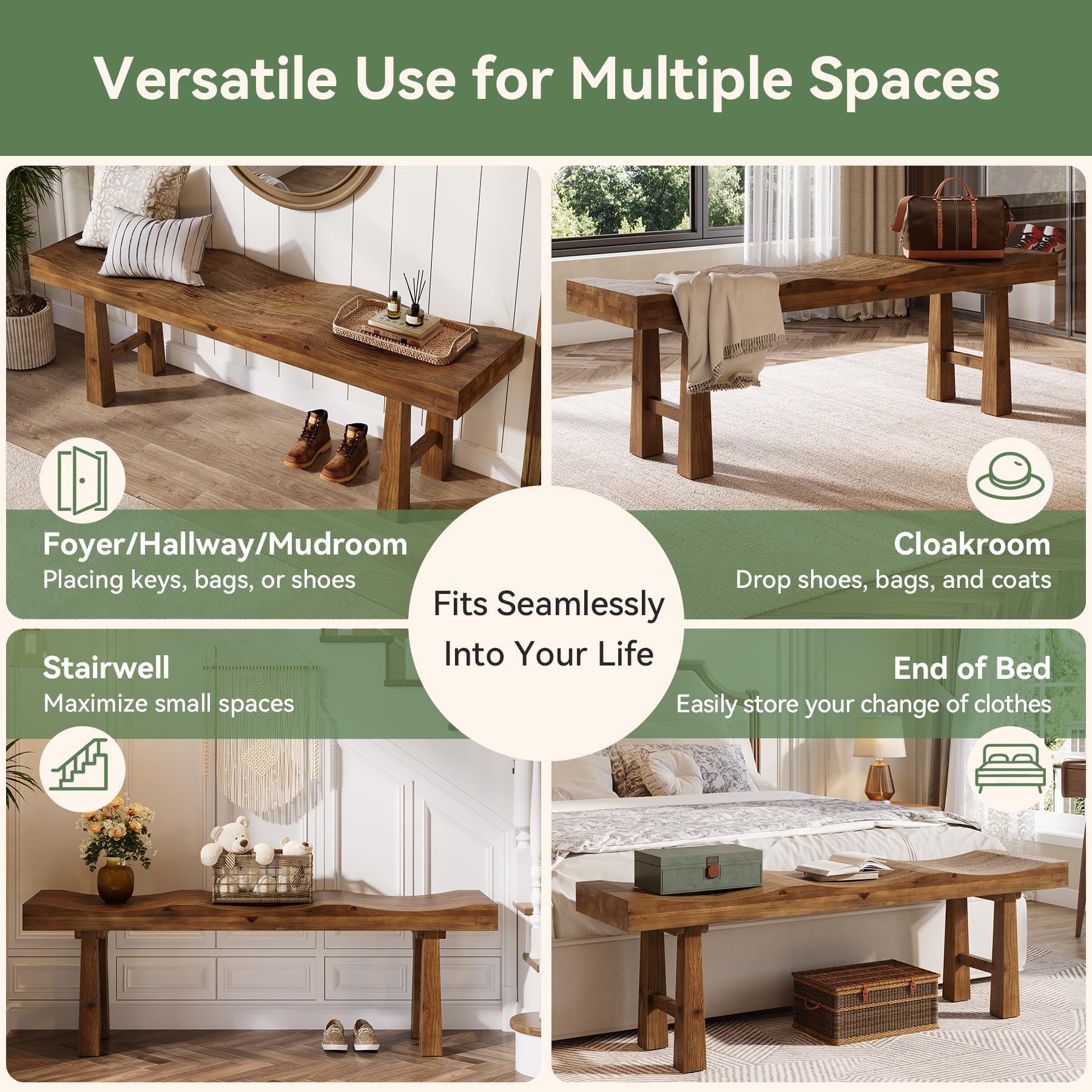 Solid Wood Entryway Bench with Wave-Top Design, 55"