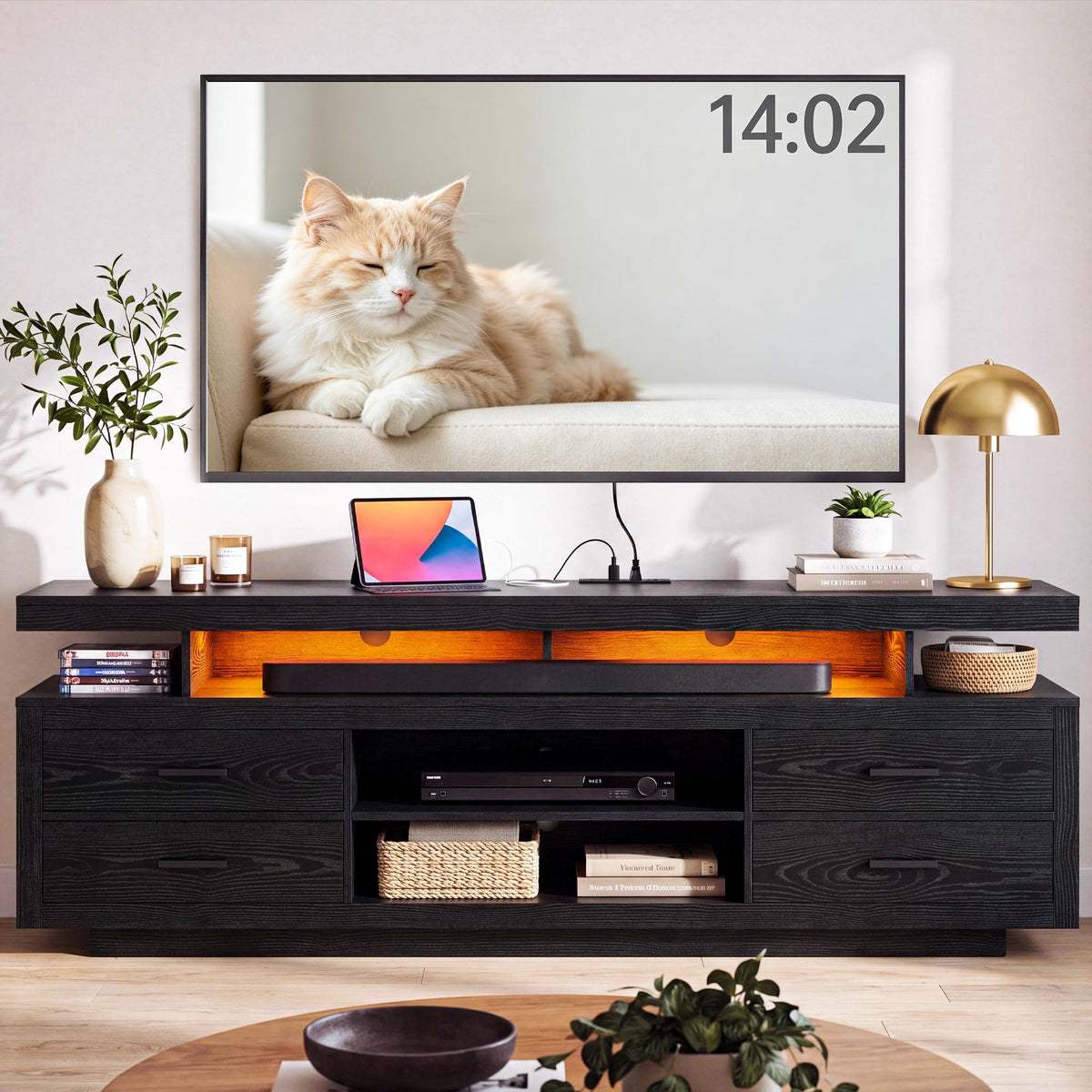 IRONCK 70" TV Stand for TVs up to 80", LED Entertainment Center, Black