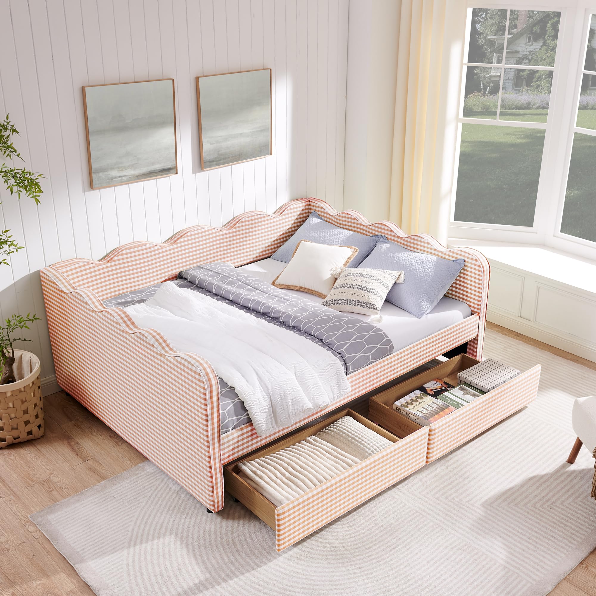 DNYN Gingham Daybed with 2 Storage Drawers and USB Ports for Bedroom/Guest Room, Queen Size Adorable Wave Shape Design Sofabed Frame with Wooden Slats Support, No Box Spring Needed